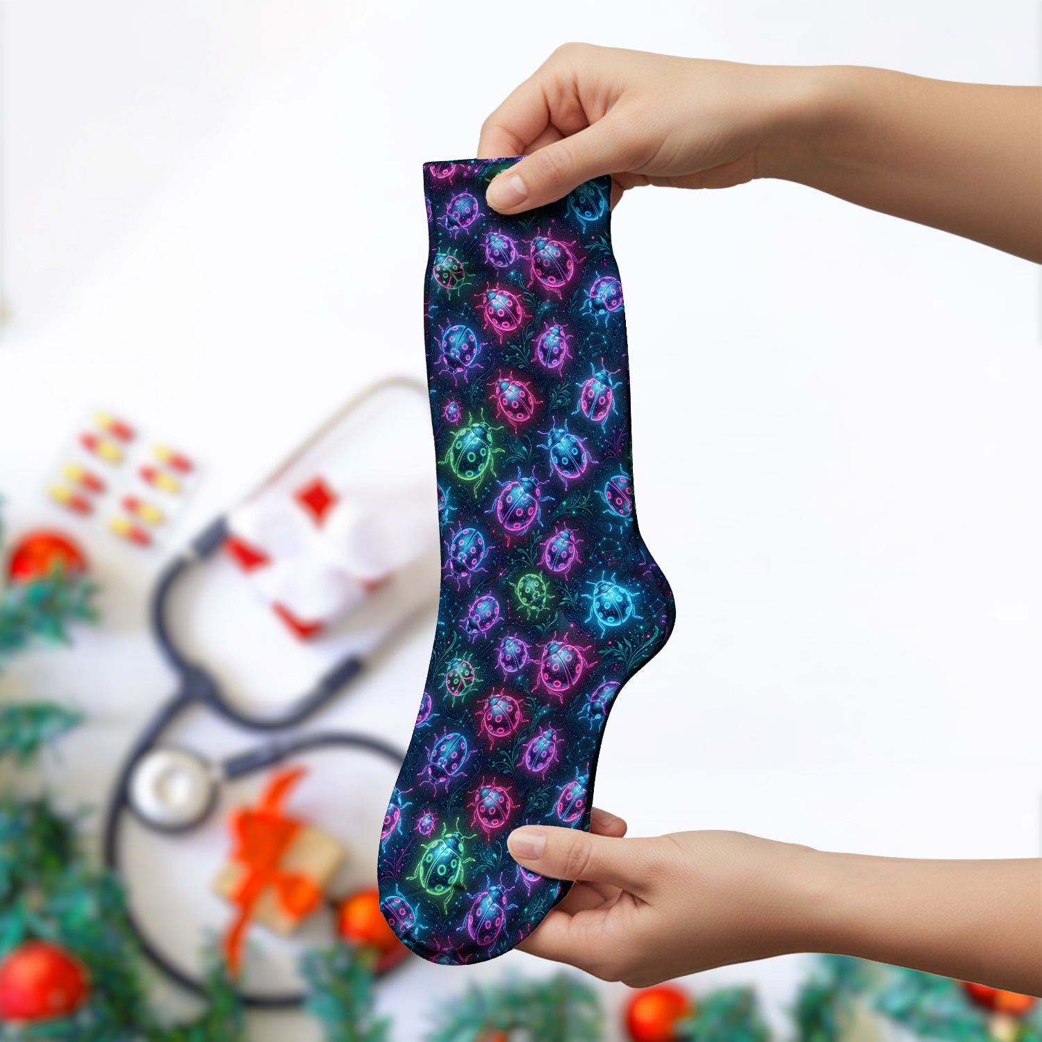 Colorful Neon Ladybug Pattern Socks, Adult Socks for Men and Women