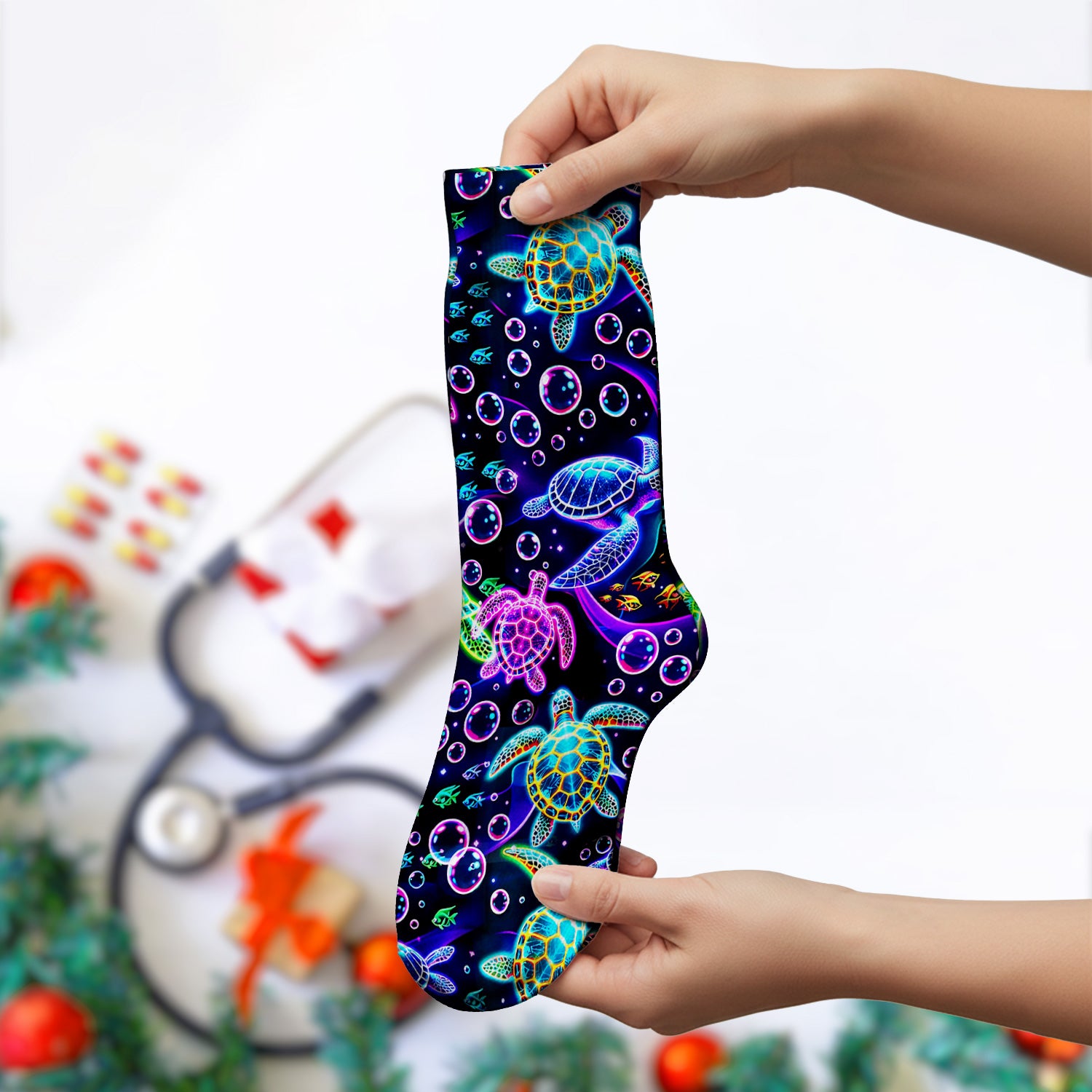 Neon Sea Turtle Swimming Bubble Ocean Socks, Adult Socks for Men and Women