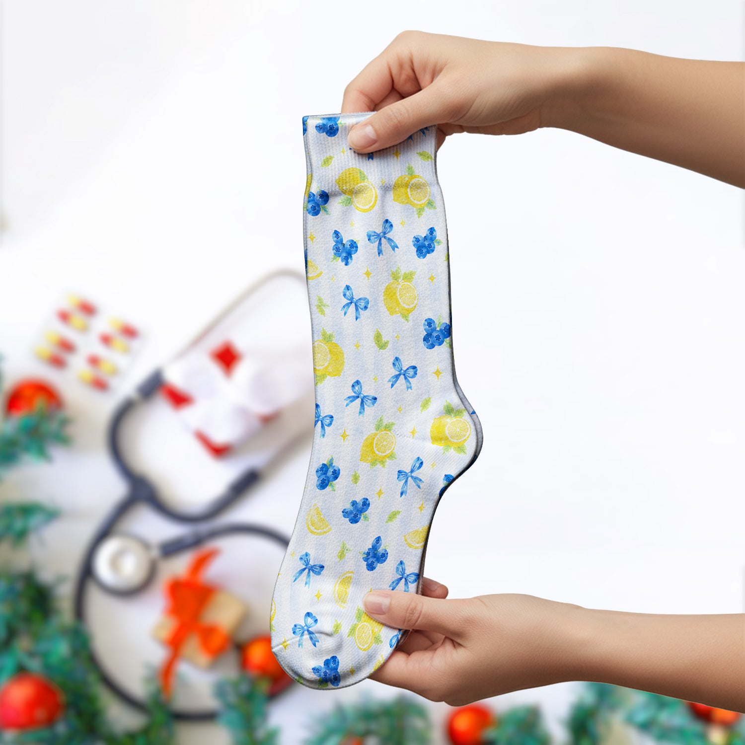 Lemon Blueberry Bow Nurse Print Socks, Adult Socks for Men and Women