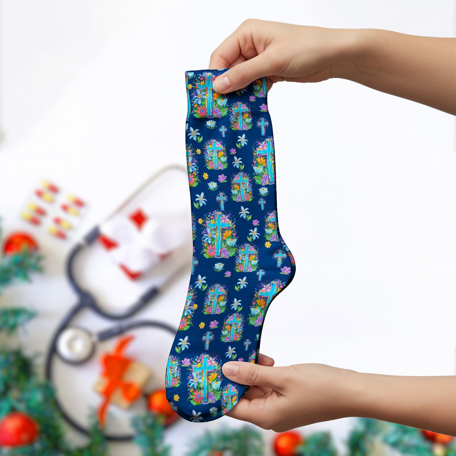 Christian Floral Cross Spring Pattern Socks, Breathable Fabrics Medical Uniform