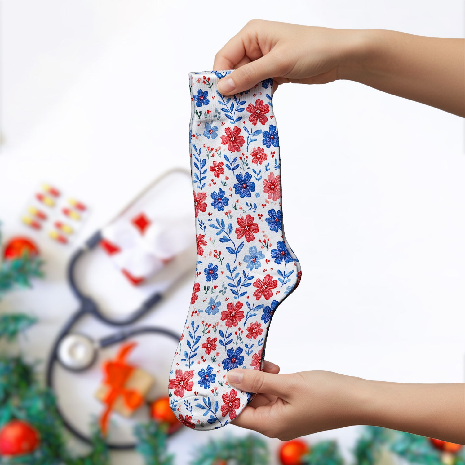 Patriotic Red White Blue Floral Print Socks, Adult Socks for Men and Women