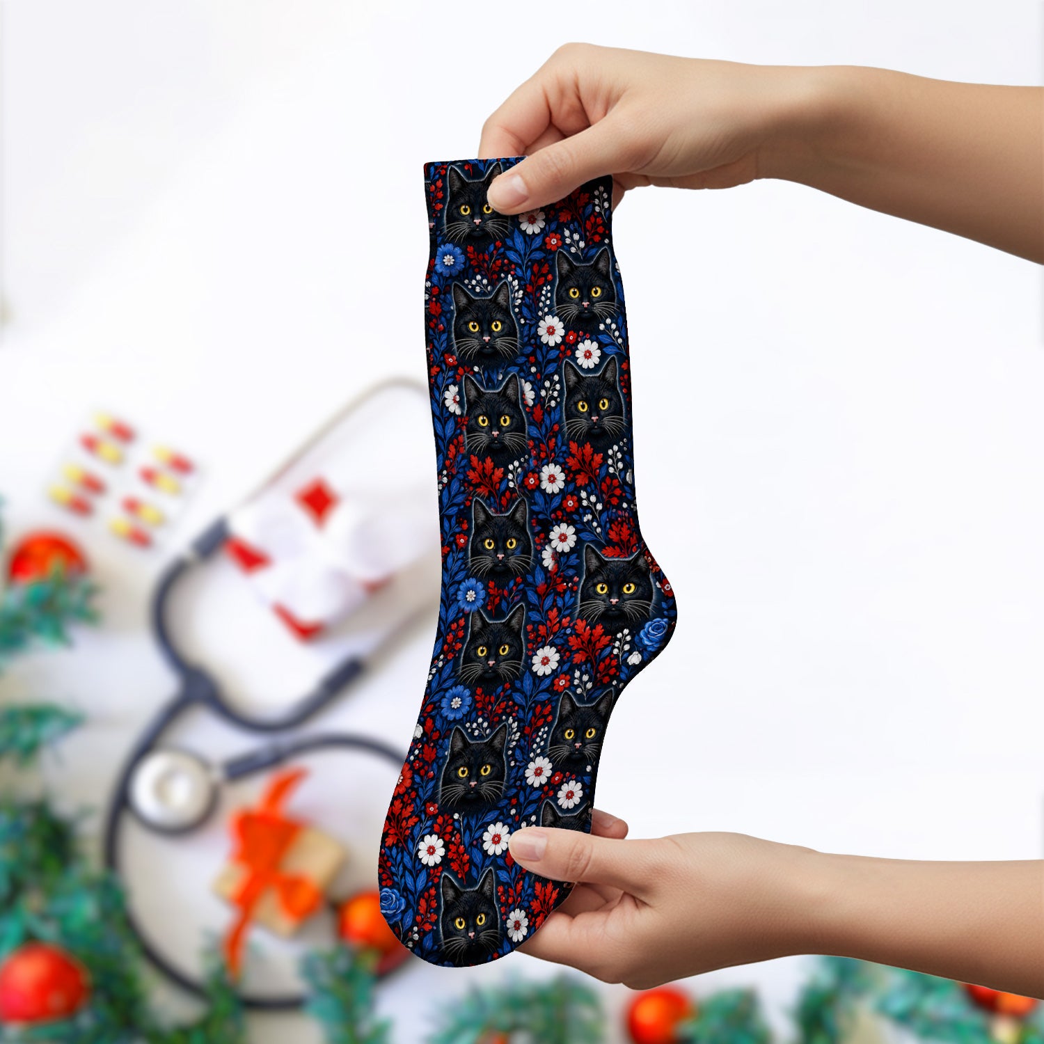 Black Cat Floral Nurse Pattern Socks, Adult Socks for Men and Women
