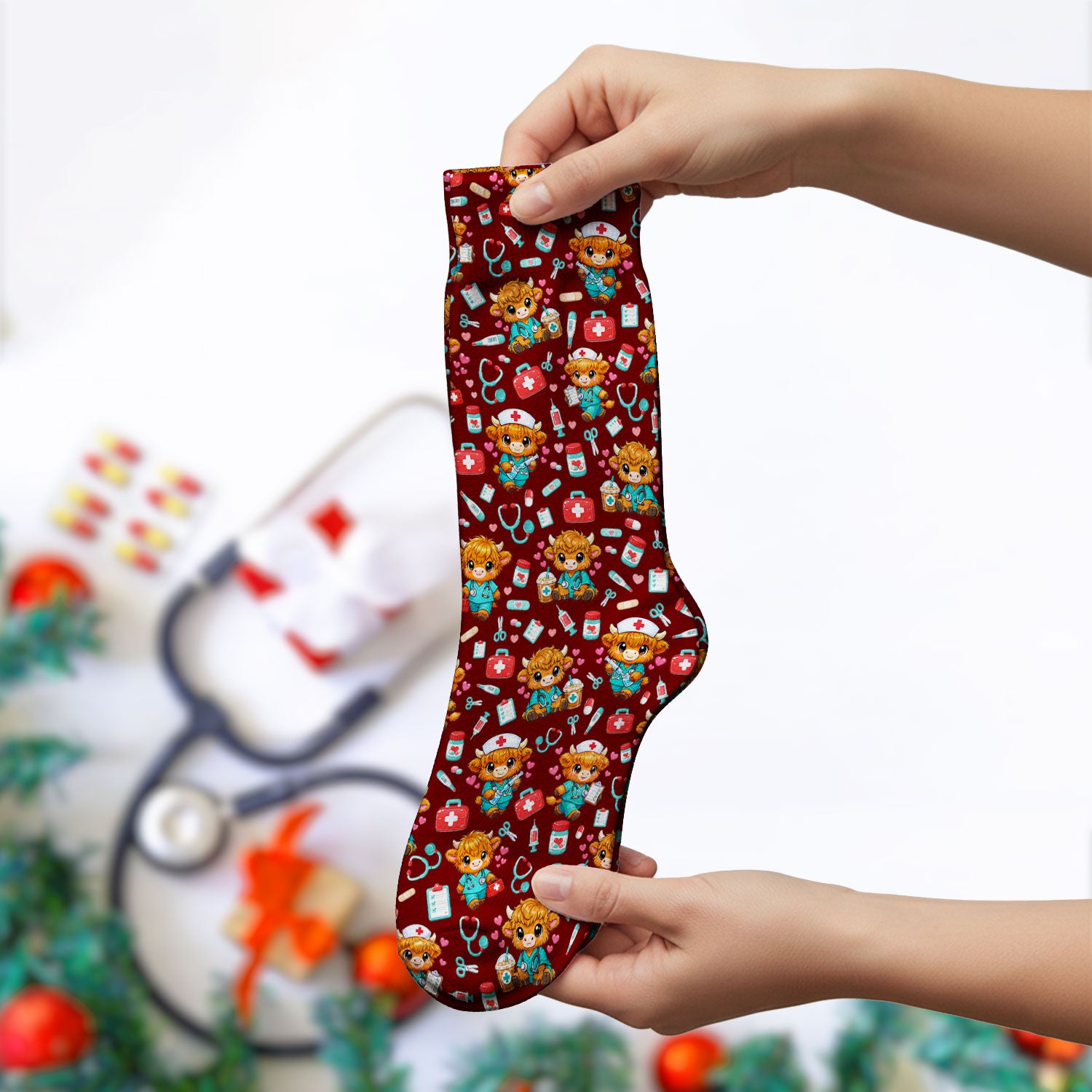 Cute Highland Cow Nurse Scrub Socks, Kawaii Medical Pattern Sock, Breathable Fabrics Nursing Uniform
