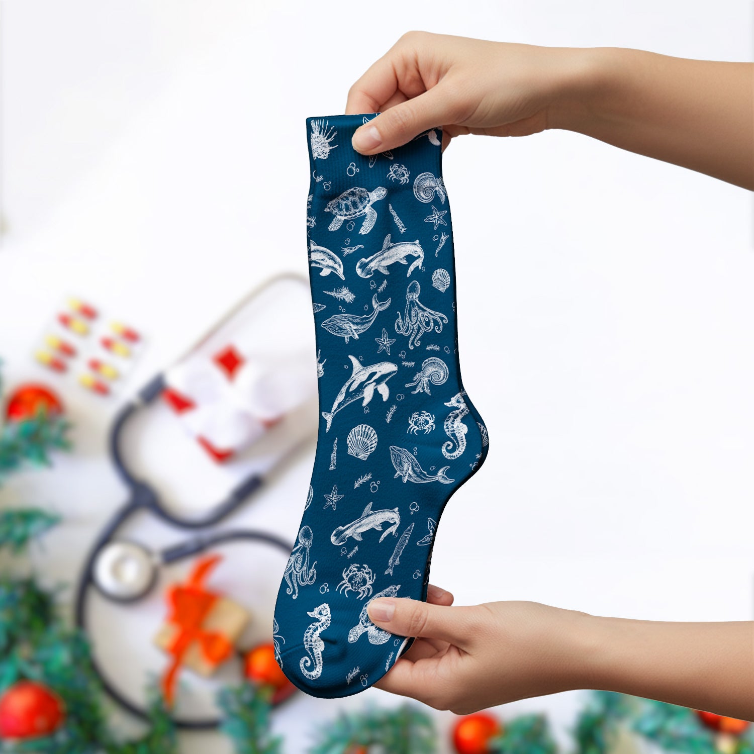 Marine Sea Life Pattern Sock, Breathable Fabrics Medical Uniform