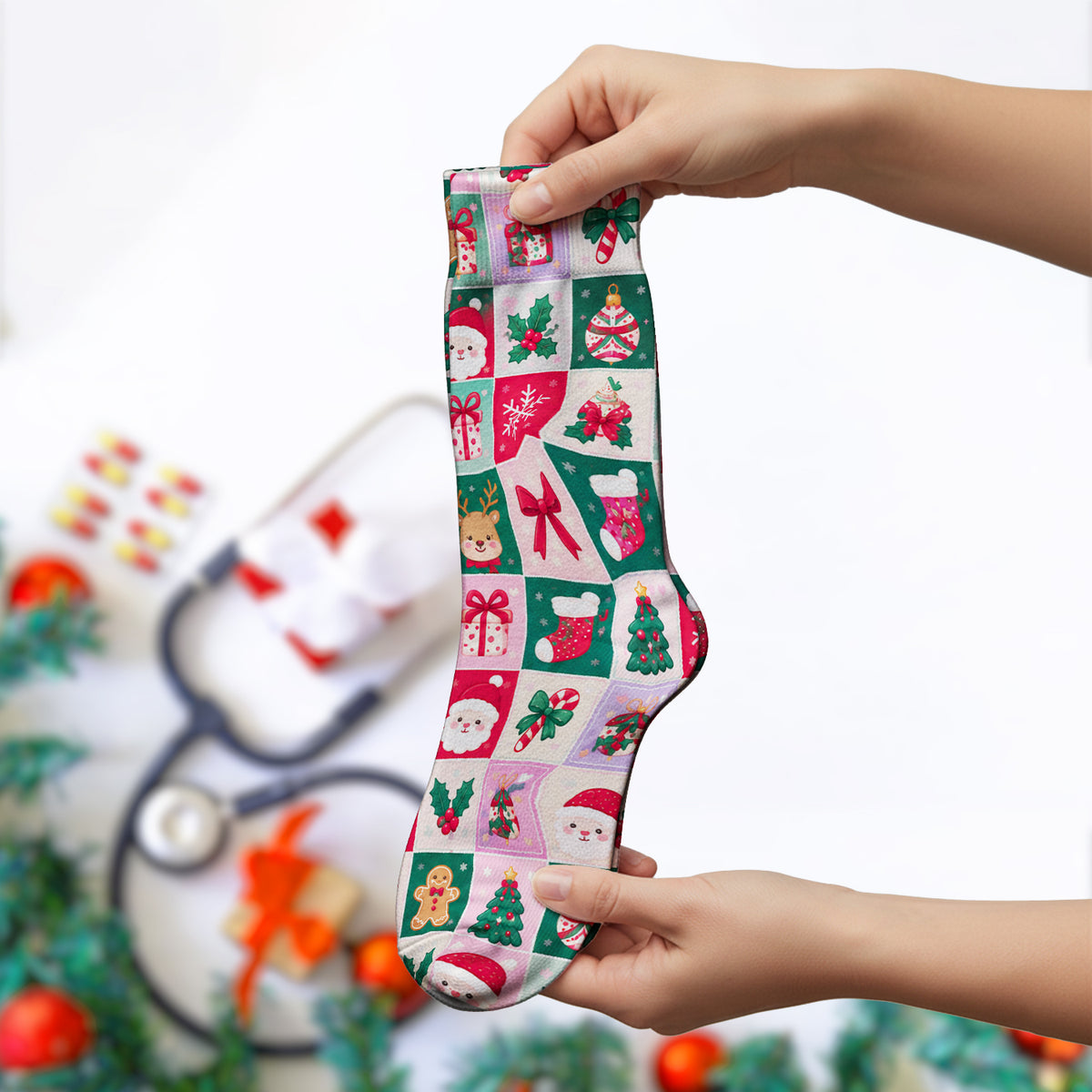 Cute Christmas Santa Patchwork Socks, Adult Socks for Men and Women