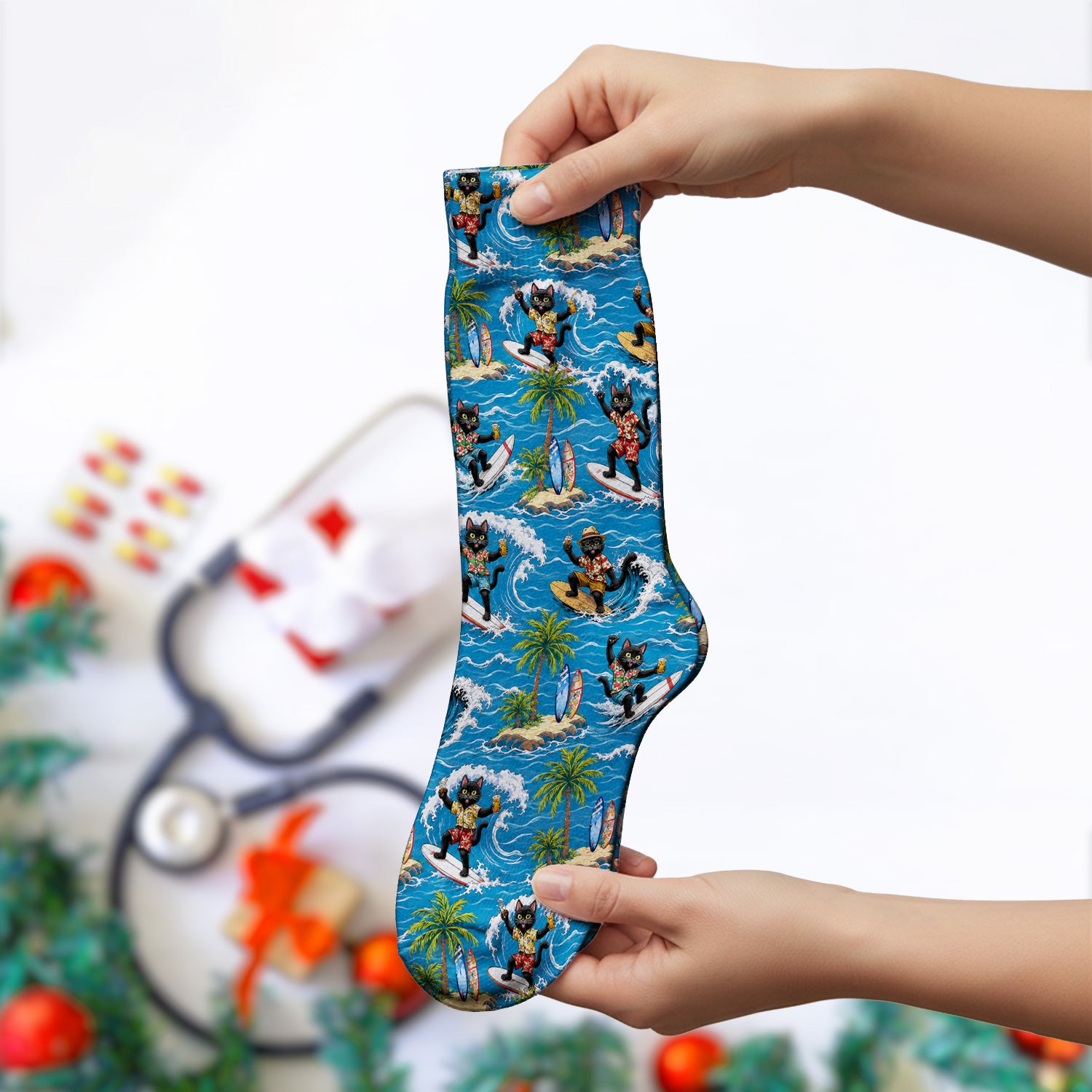 Tropical Black Cat Surfer Island Pattern Socks, Adult Socks for Men and Women