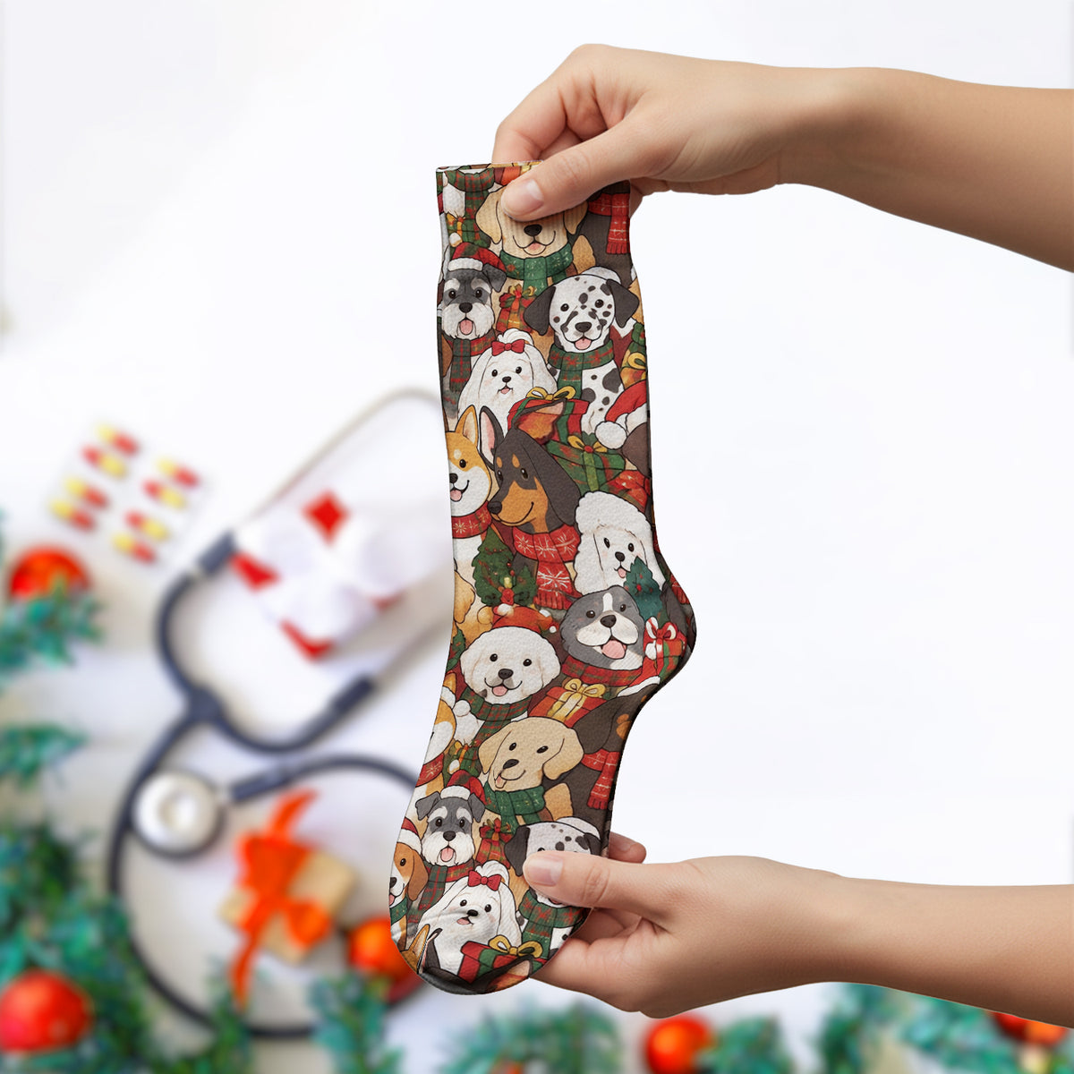 Christmas Dog Breeds Collage Pattern Socks, Adult Socks for Men and Women