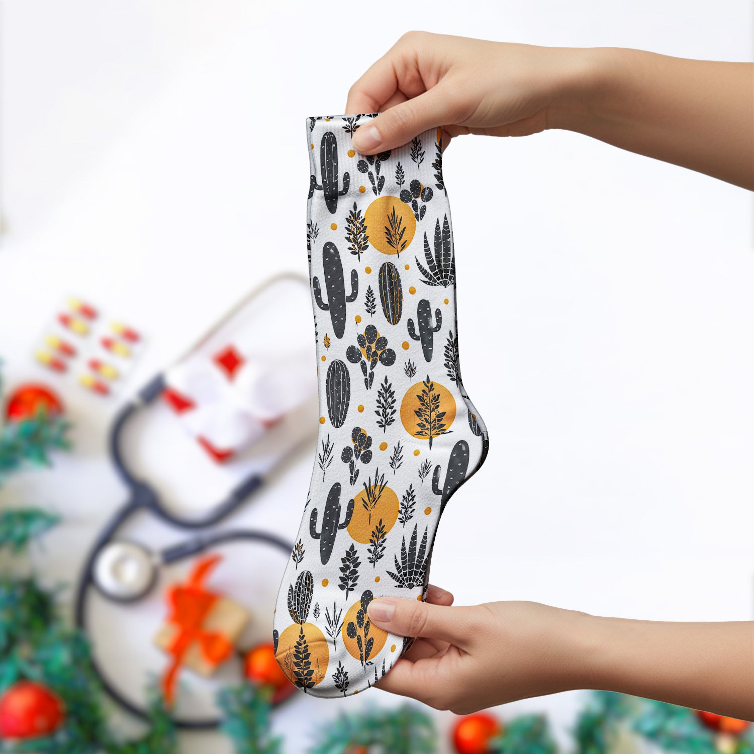 Desert Cactus Orange Sun Pattern Socks, Adult Socks for Men and Women