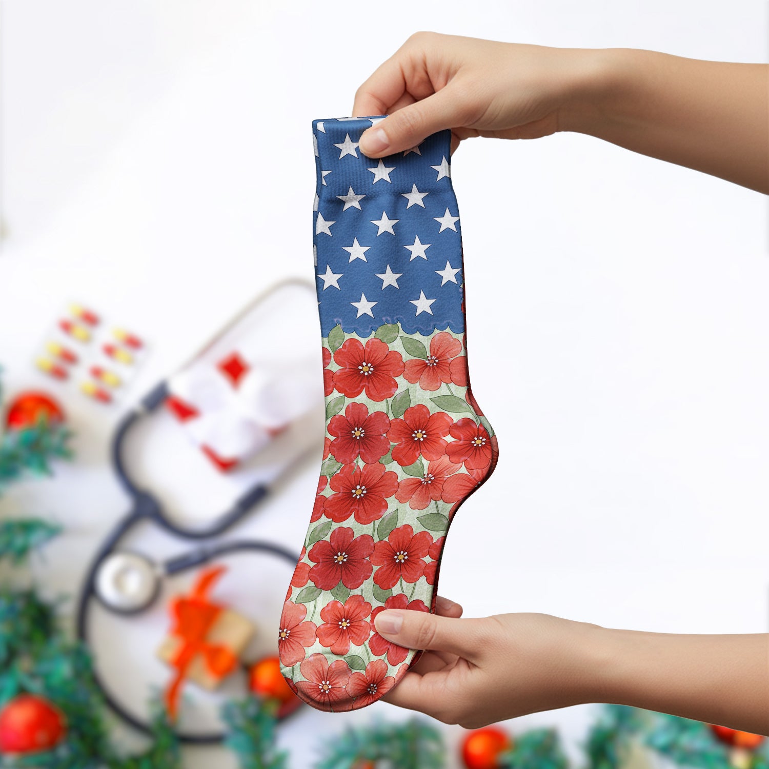Patriotic USA Flag With Red Floral Blossom Pattern Socks, Adult Socks for Men and Women