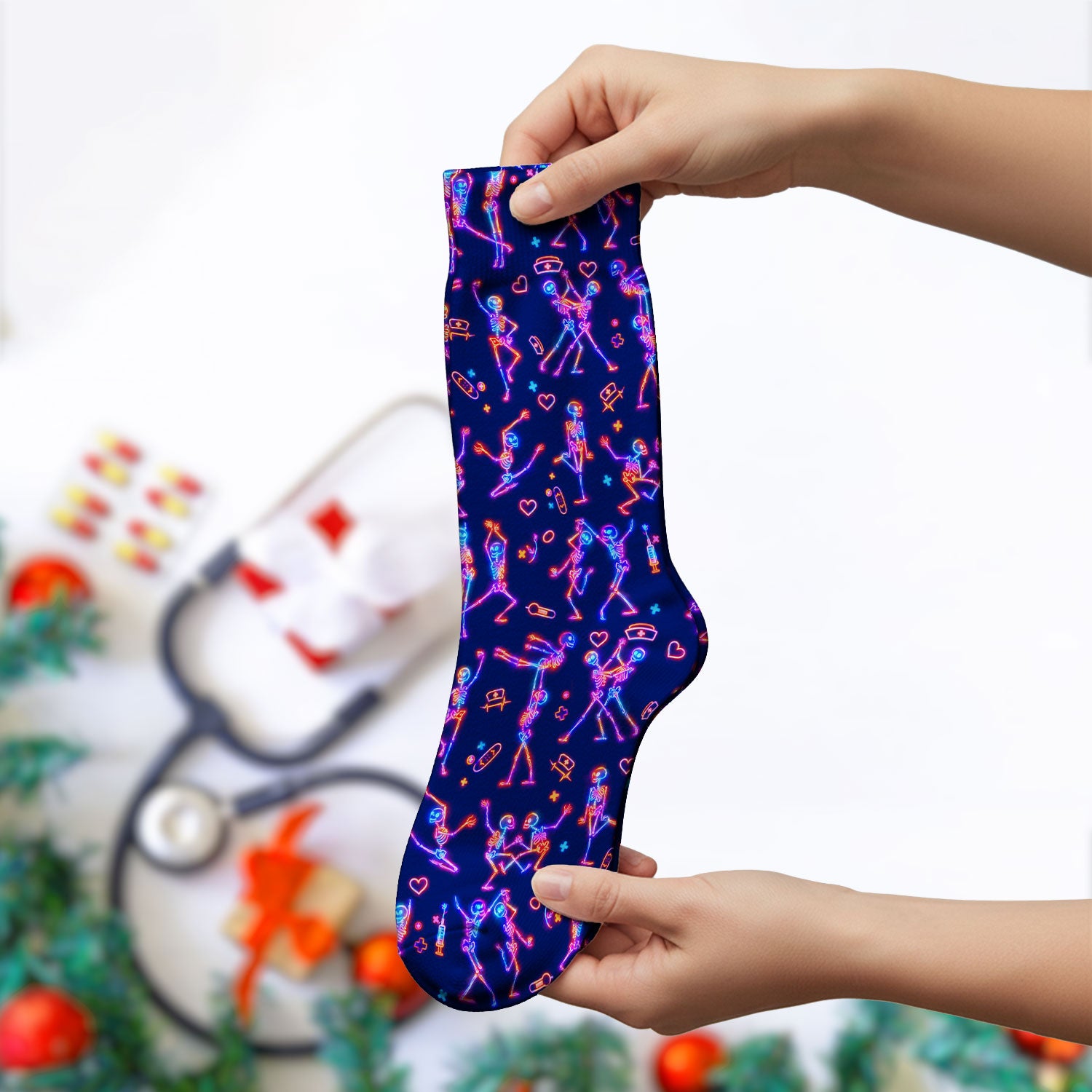 Neon Dancing Skeleton Medical Pattern Socks, Adult Socks for Men and Women
