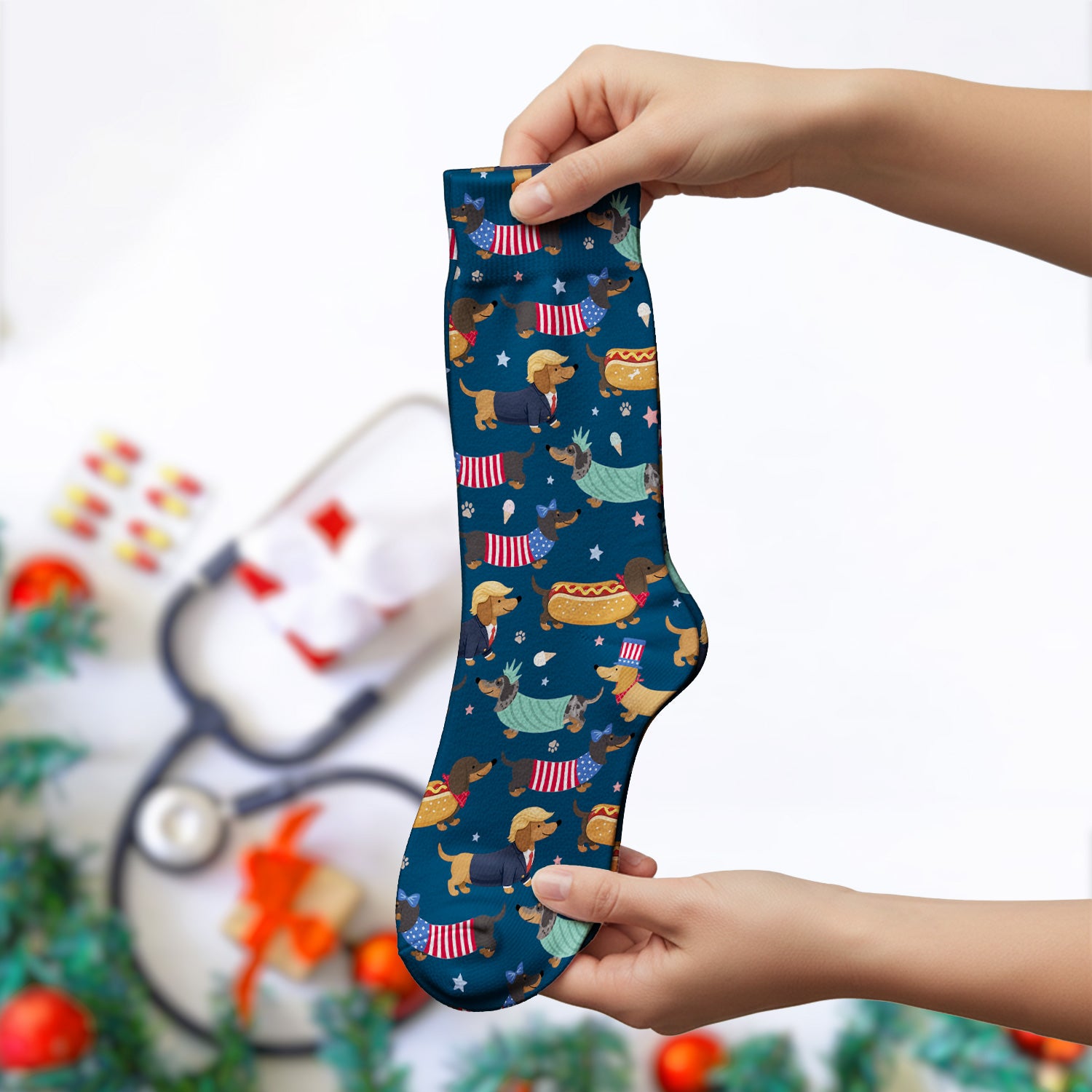 Funny Patriotic Dachshund Costume Dogs Pattern Sock, Breathable Fabrics Medical Uniform