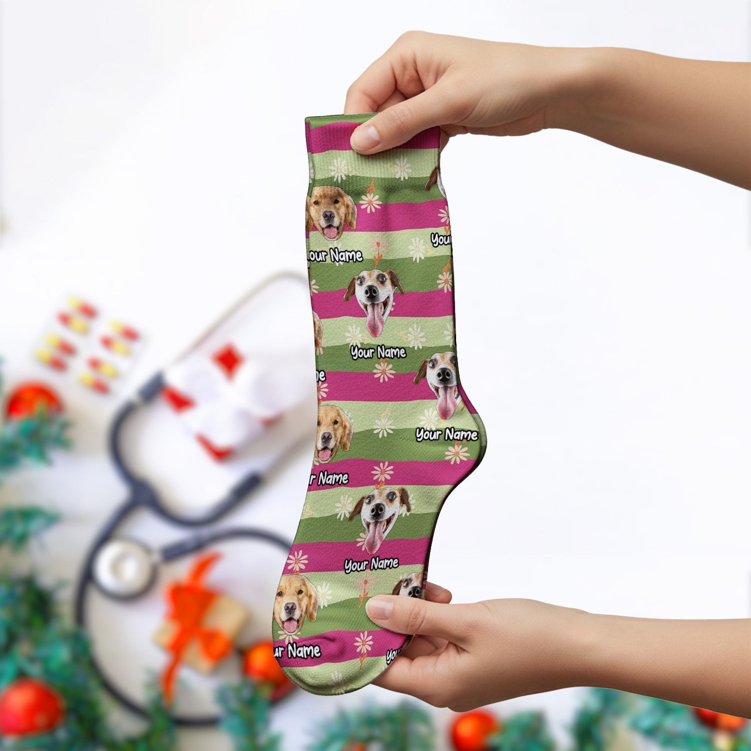 Personalized Floral Dog Portrait With Spring Stripes Pattern Socks, Adult Socks for Men and Women