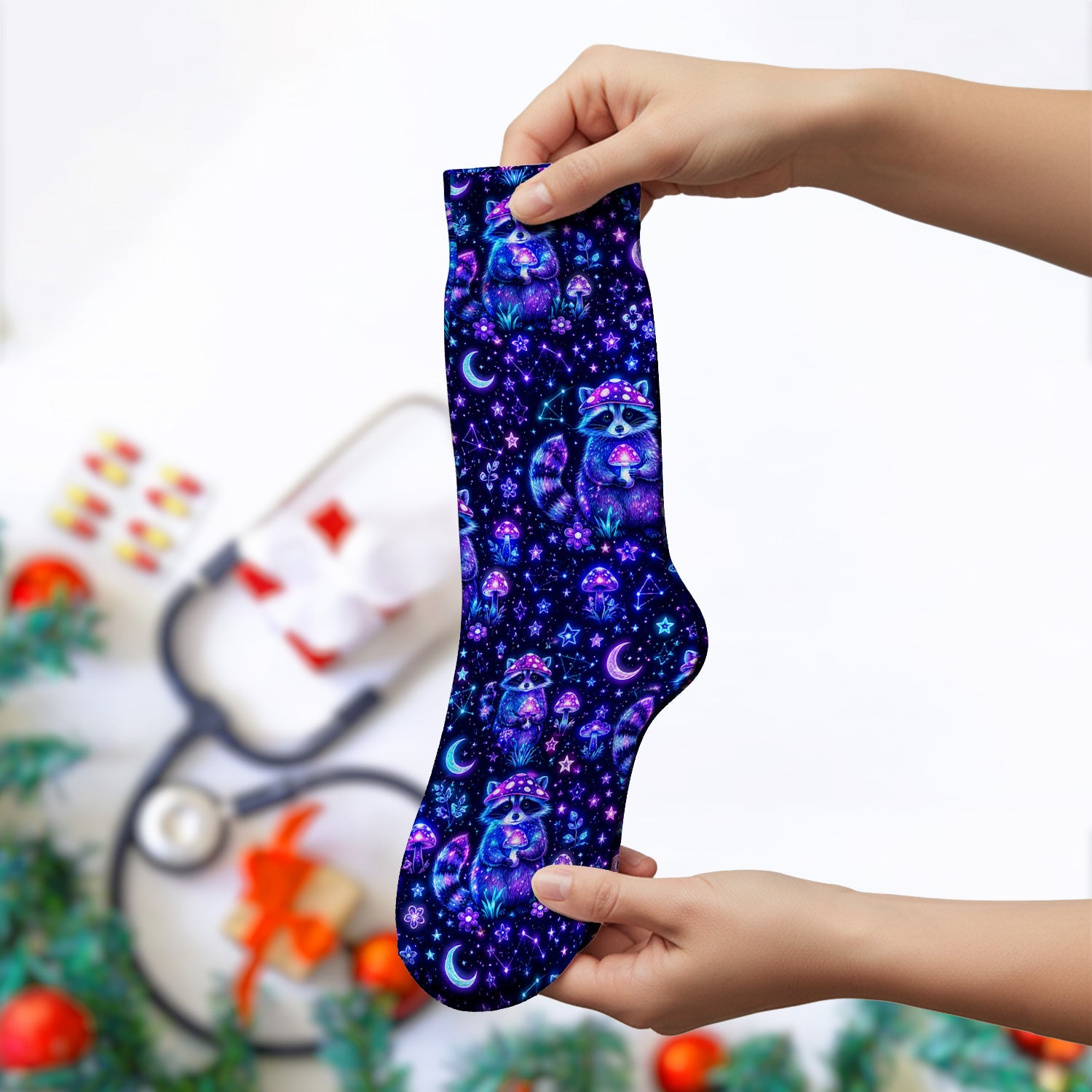 Neon Mushroom Raccoon Nurse Pattern Socks, Adult Socks for Men and Women