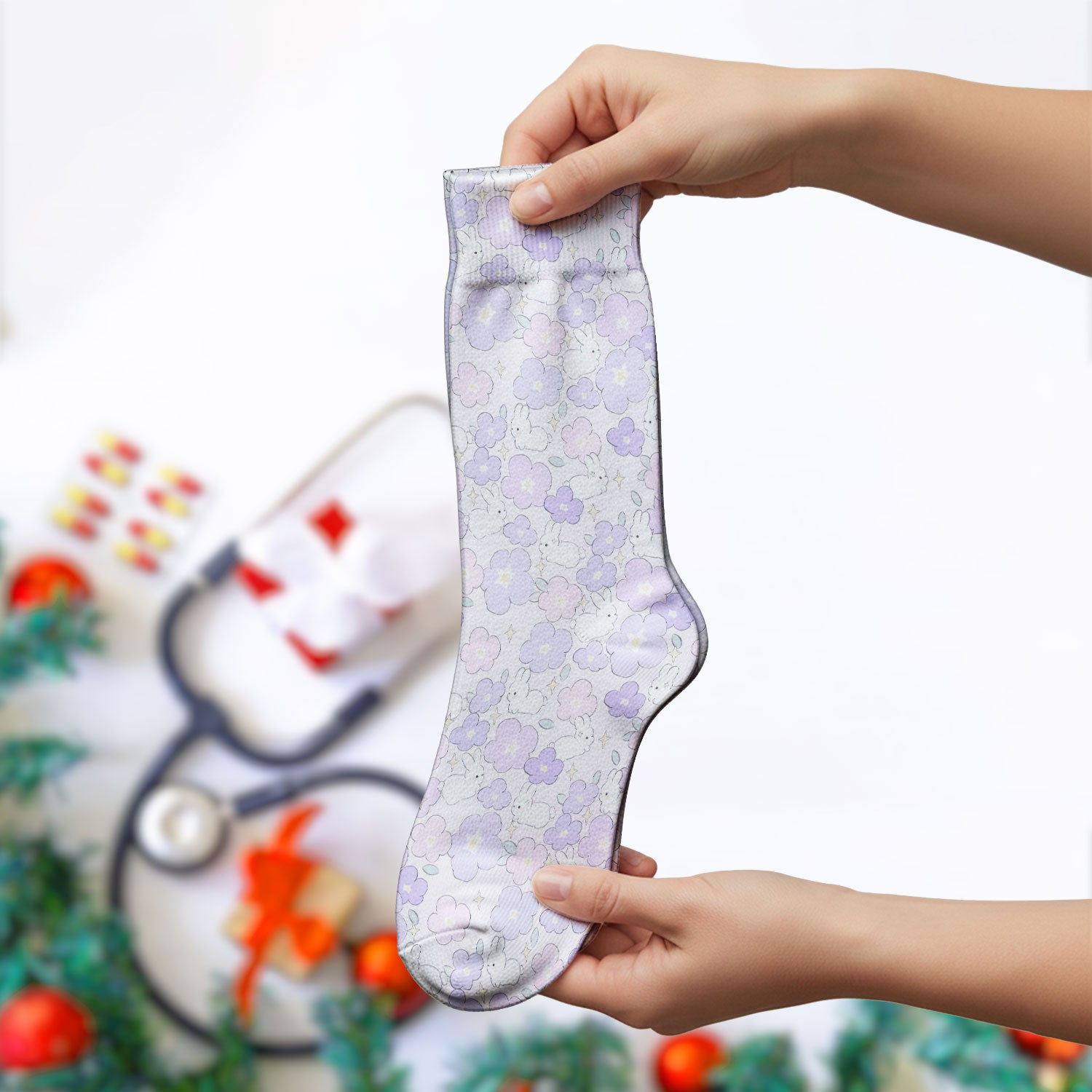 Cute Bunny Floral Pastel Pattern Socks, Socks for Nurse Doctor