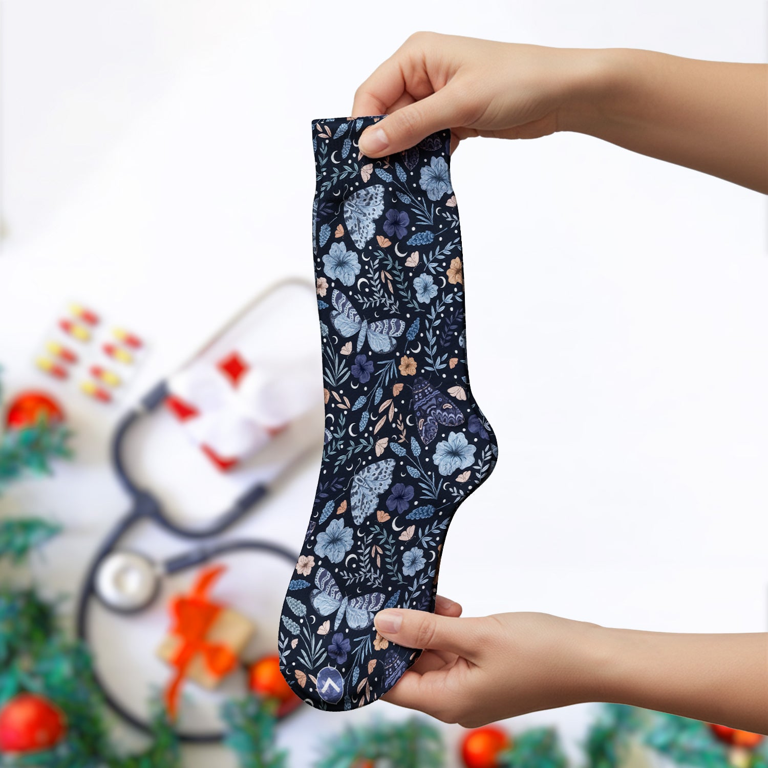 Charming Night Moth Butterfly Floral Pattern Socks, Adult Socks for Men and Women