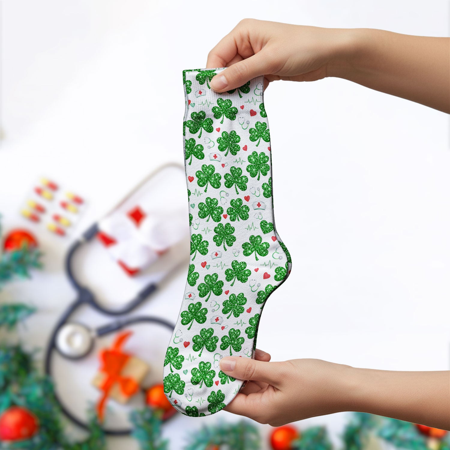 St. Patrick’s Day Nurse Scrub Socks, Green Clover Medical Pattern Sock, Breathable Fabrics Nursing Uniform