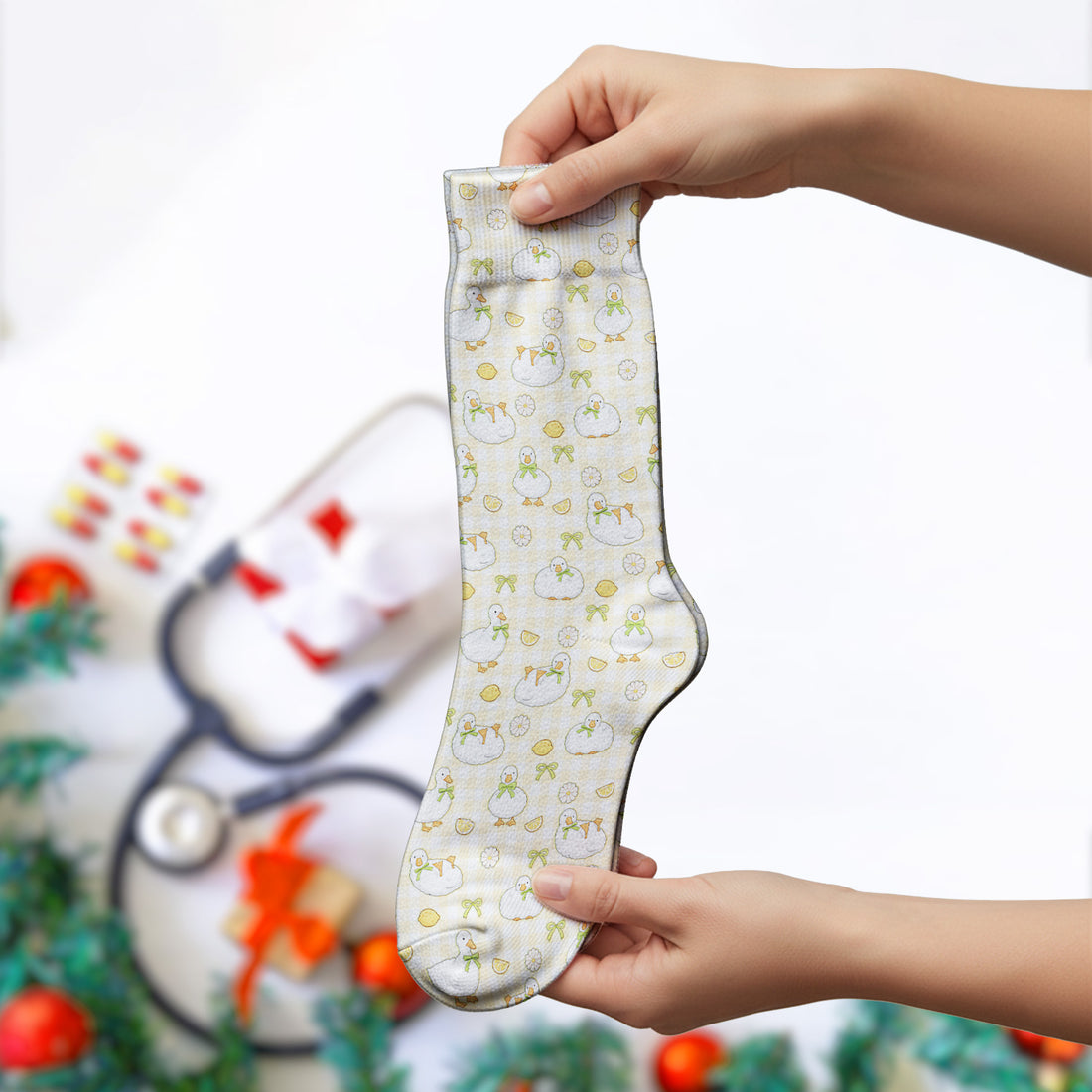 Adorable Ducks Lemon Daisy Pattern Socks, Socks for Nurse Doctor