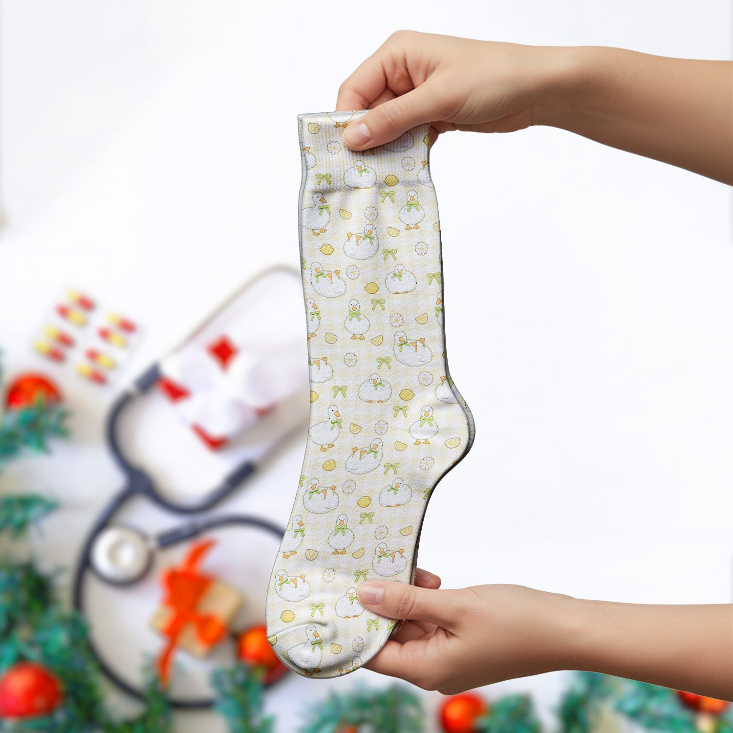 Adorable Ducks Lemon Daisy Pattern Socks, Socks for Nurse Doctor