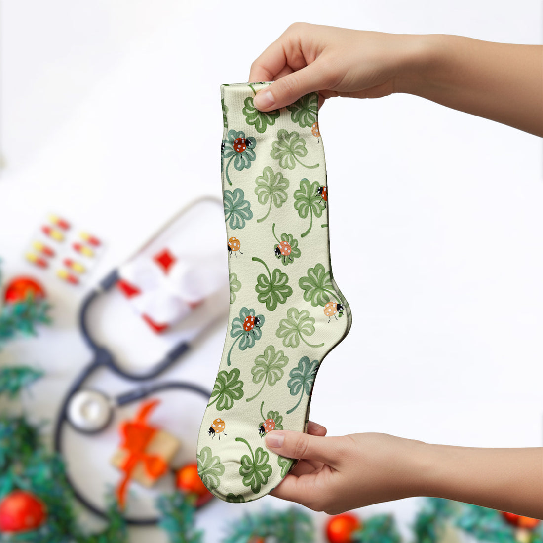 Clover and Ladybug Lucky Garden Pattern Socks, Adult Socks for Men and Women