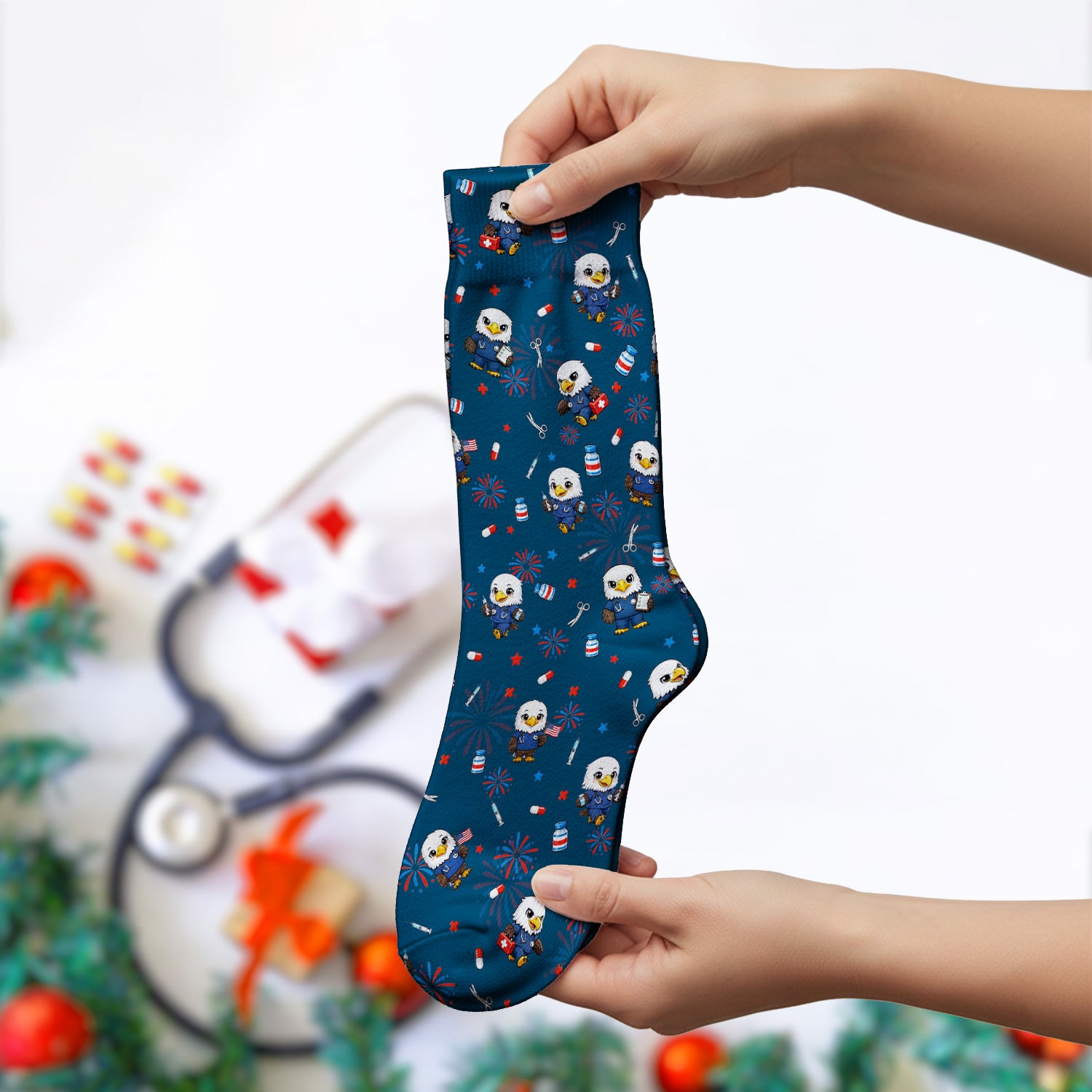 Patriotic Nurse Eagle Fireworks Medical Pattern Sock, Breathable Fabrics Medical Uniform