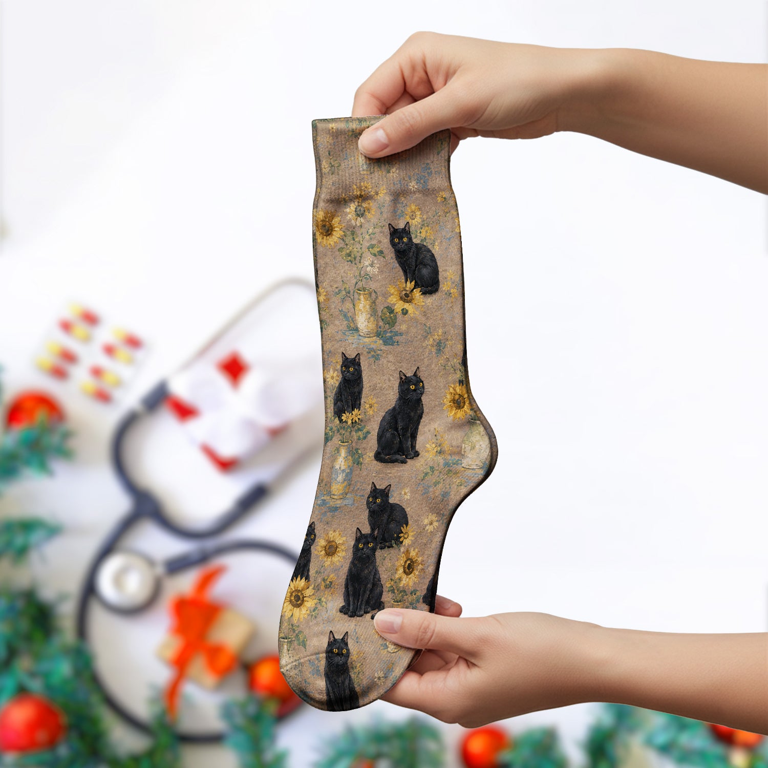 Rustic Sunflower Black Cat Print Socks, Adult Socks for Men and Women
