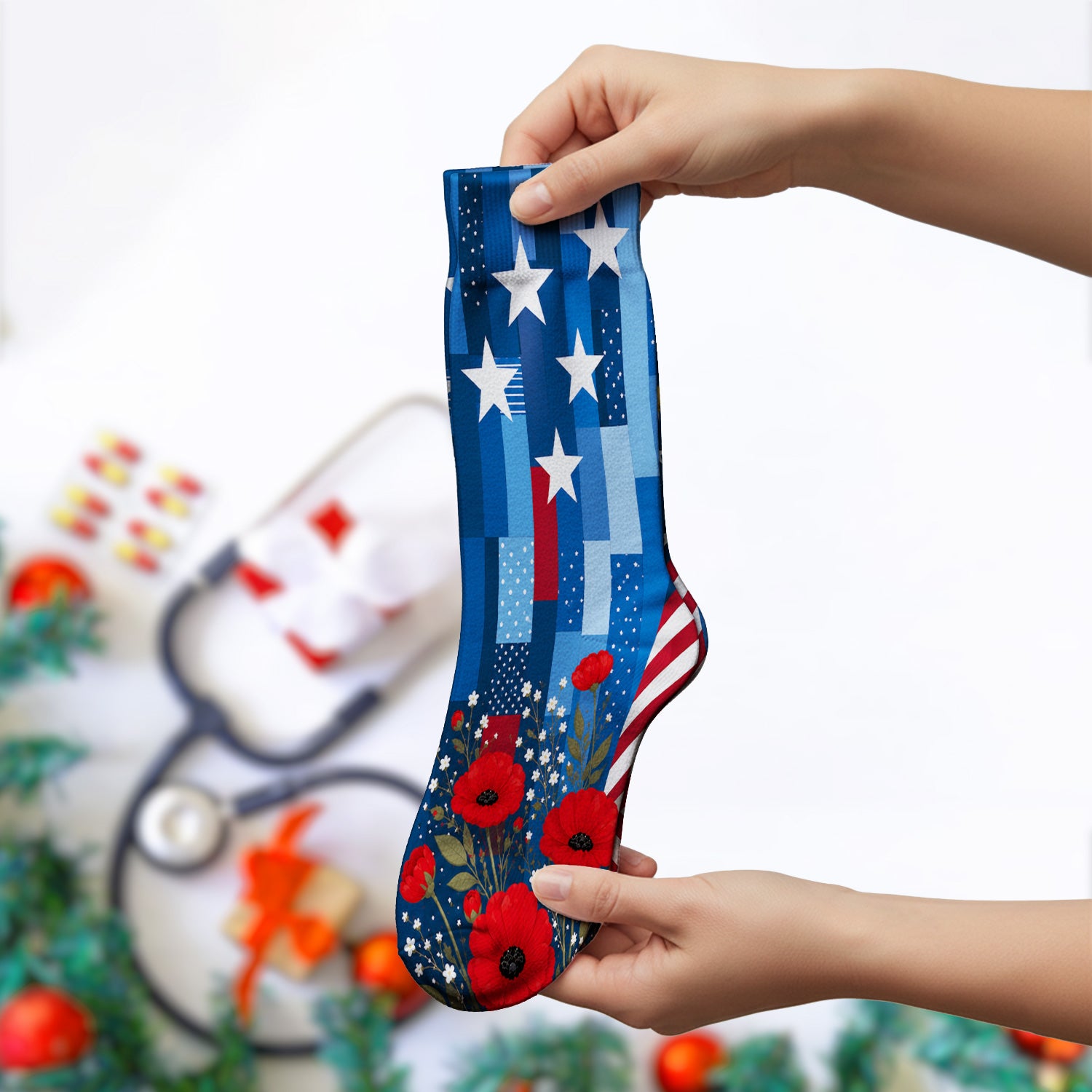 Patriotic Nurse Flag Poppy Pattern Socks, Adult Socks for Men and Women