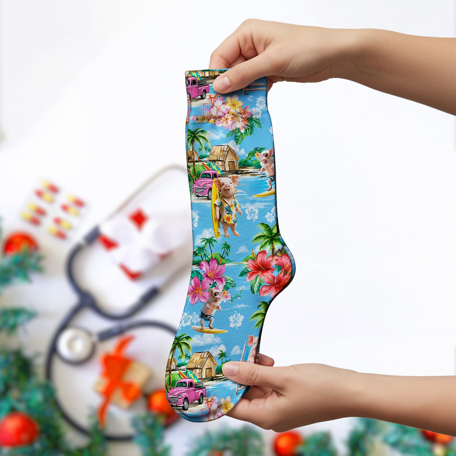 Tropical Surfing Pig Beach Pattern Socks, Adult Socks for Men and Women