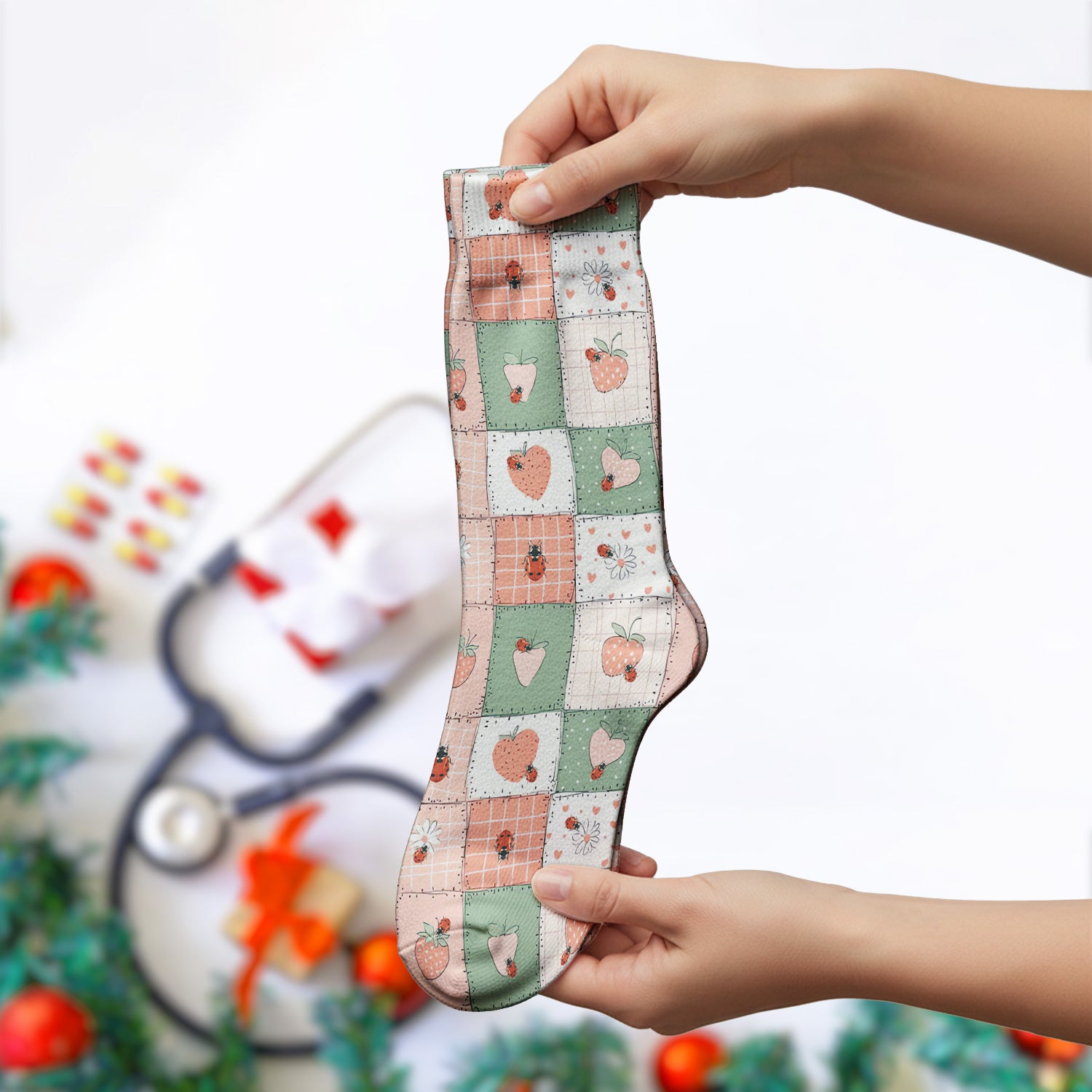 Strawberry Ladybug Patchwork Pattern Socks, Socks for Nurse Doctor