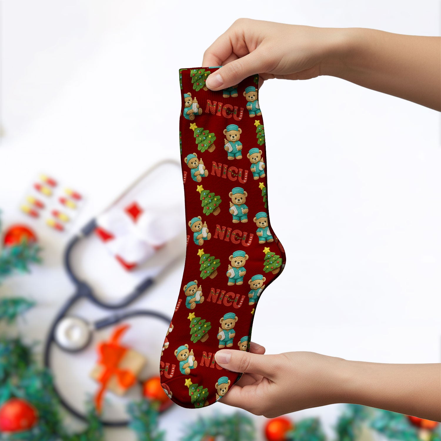 Festive Christmas NICU Nurse Teddy Bear Pattern Print Socks, Adult Socks for Men and Women