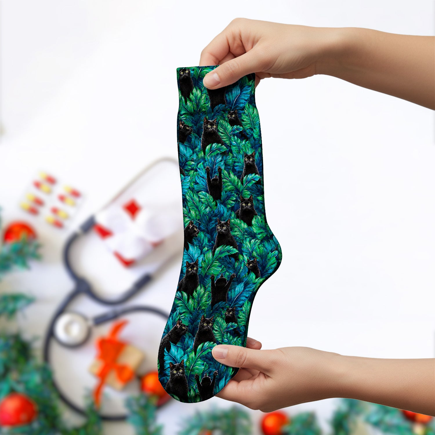 Black Cat Tropical Jungle Leaves Pattern Socks, Adult Socks for Men and Women