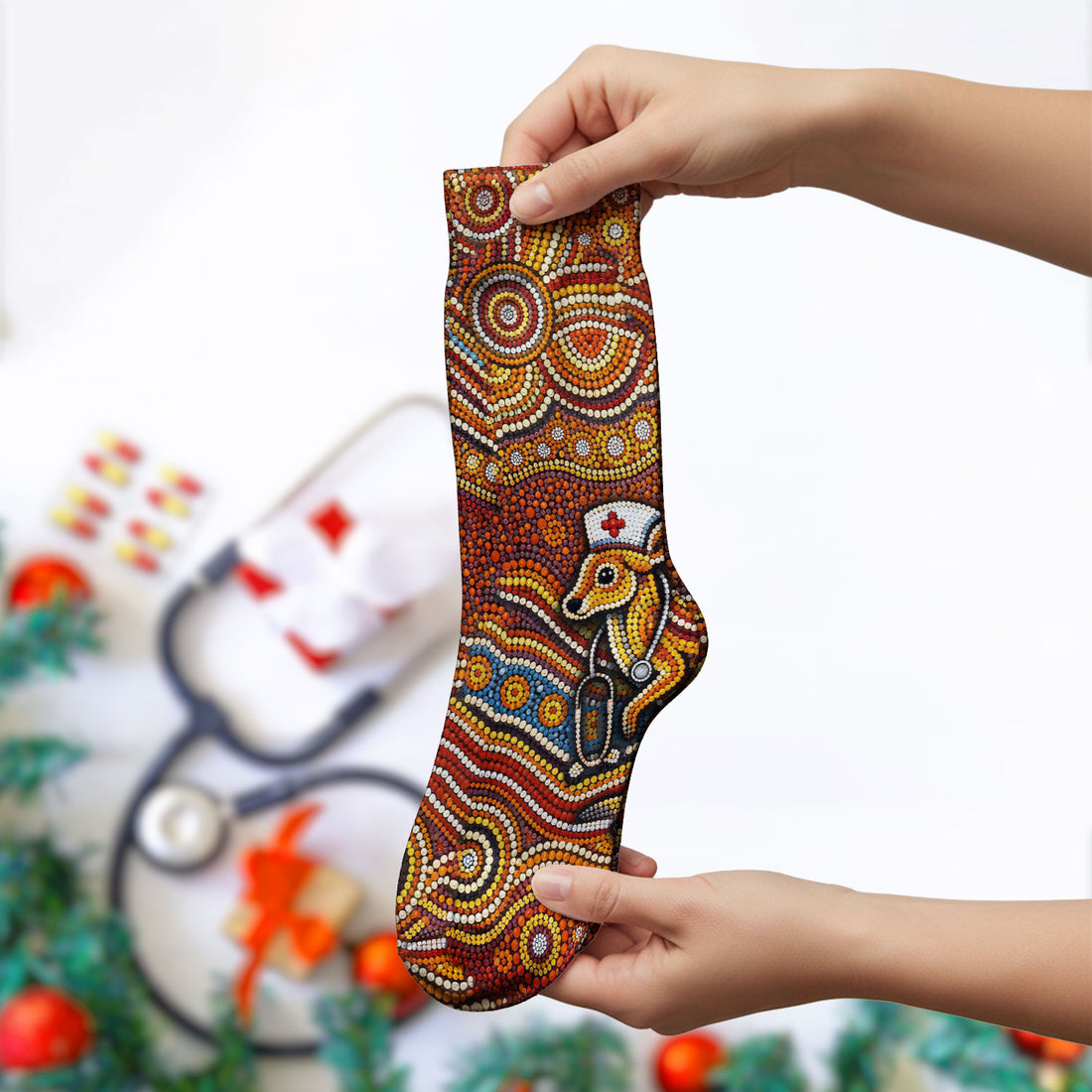 Australian Aboriginal Nurse Scrub Socks, Kangaroo Dot Art Medical Nurses Sock, Breathable Fabrics Nursing Uniform
