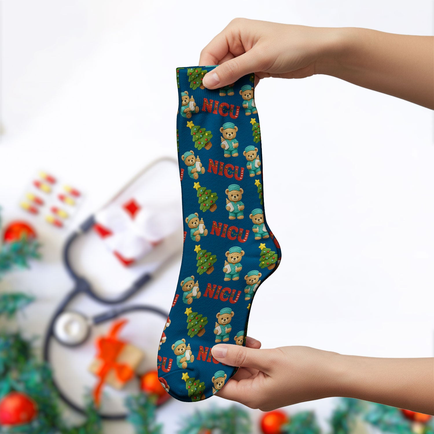 Festive Christmas NICU Nurse Teddy Bear Pattern Print Socks, Adult Socks for Men and Women