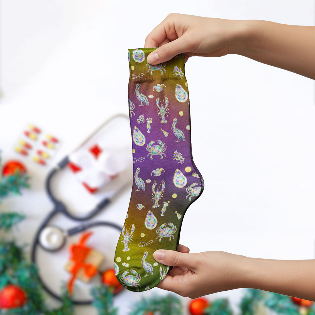 Mardi Gras Seafood Nurse Scrub Socks, Comfortable Uniform Scrubs For Nursing