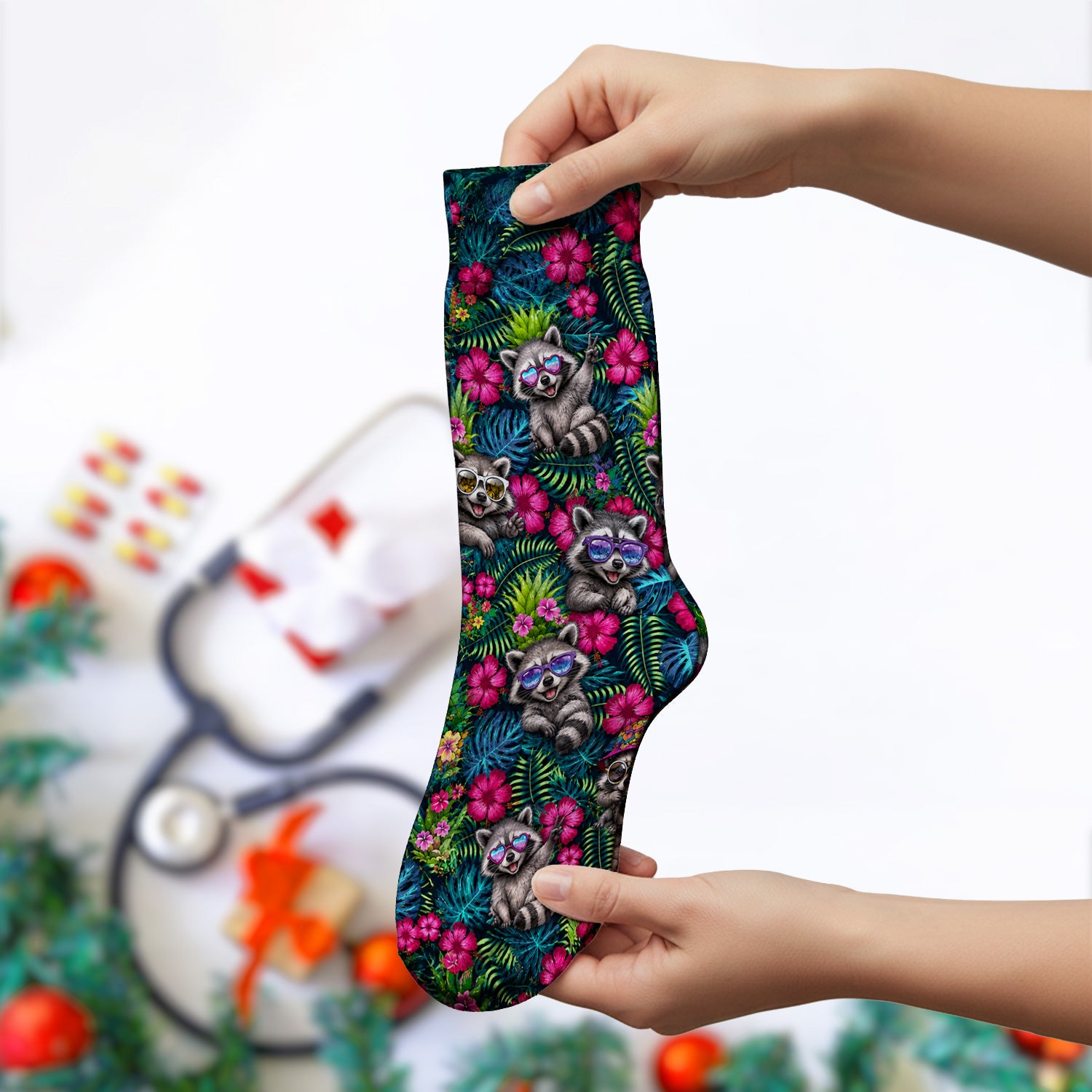 Tropical Raccoon Nurse Floral Pattern Socks, Adult Socks for Men and Women