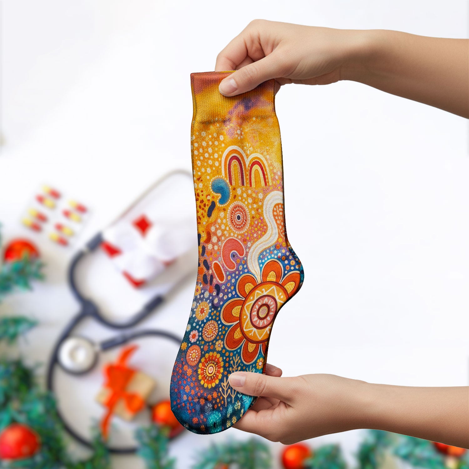 Australian Dot Art Inspired Scrub Socks, Artistic Boho Pattern Nurse Sock, Comfortable Scrubs For Nursing