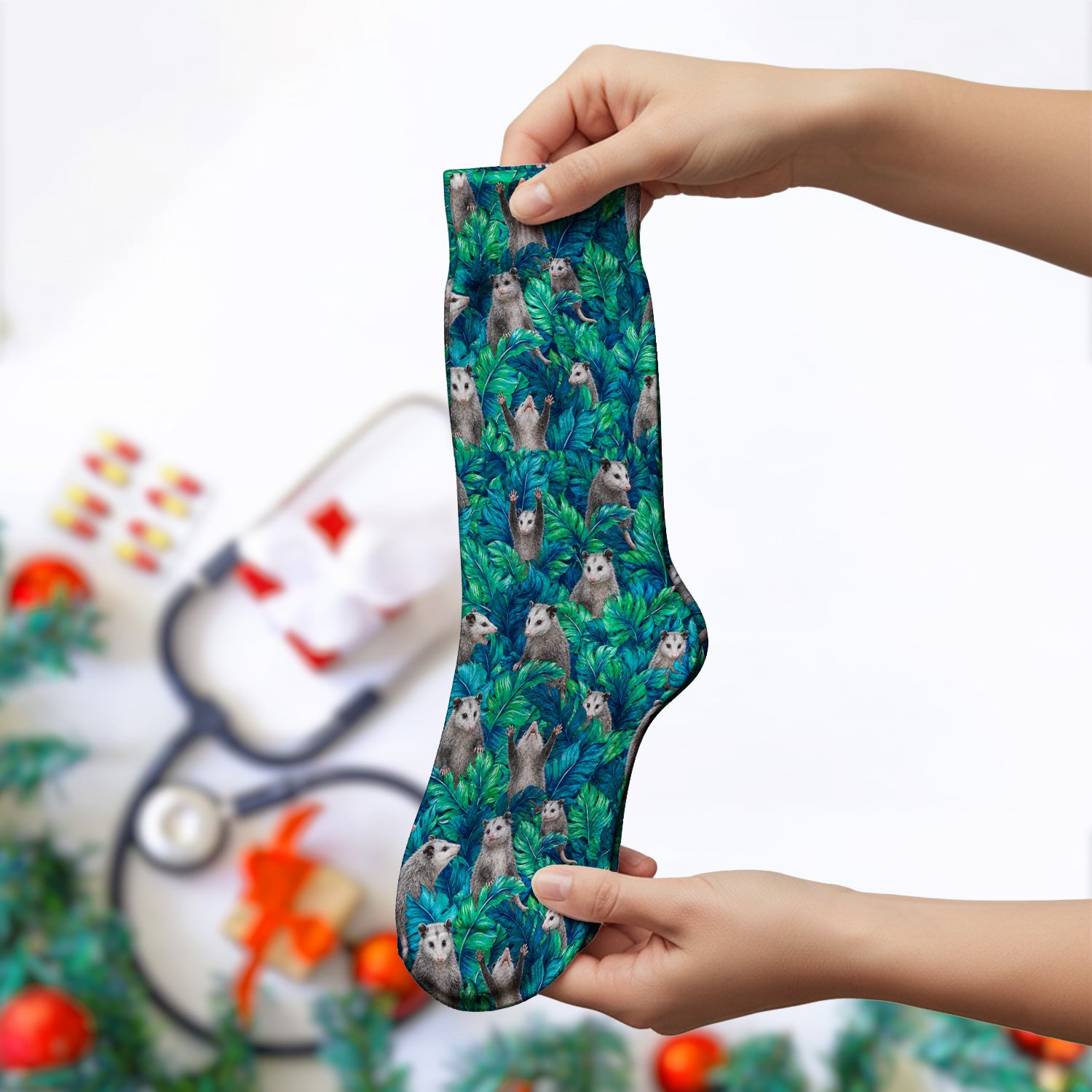Tropical Opossum Jungle Leaves Pattern Socks, Adult Socks for Men and Women