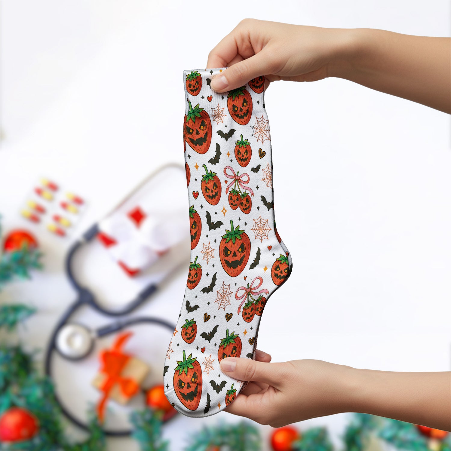 Sweet Halloween Strawberry Jack O Lanterns Socks, Adult Socks for Men and Women