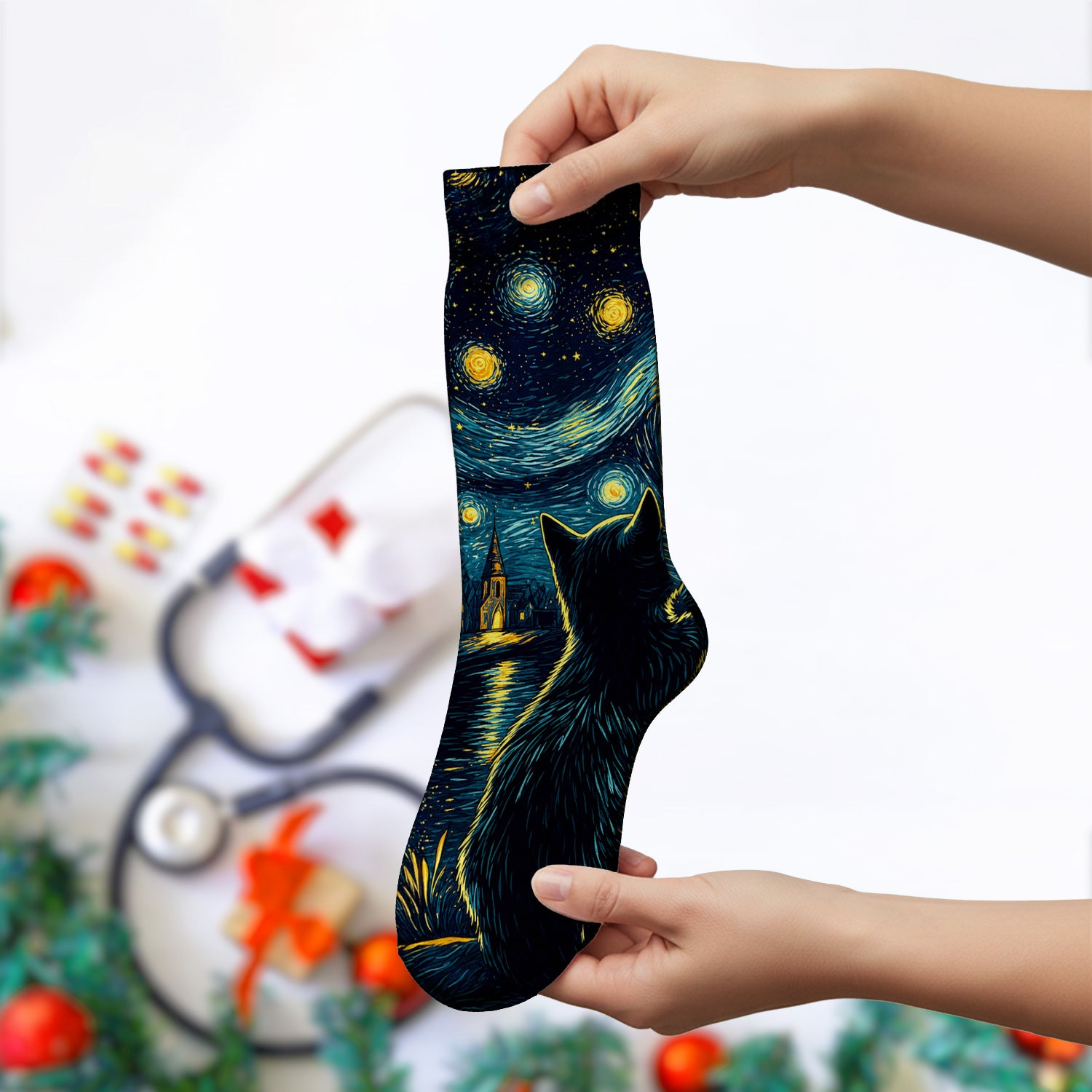 Starry Moonlit Black Cat Socks, Adult Socks for Men and Women