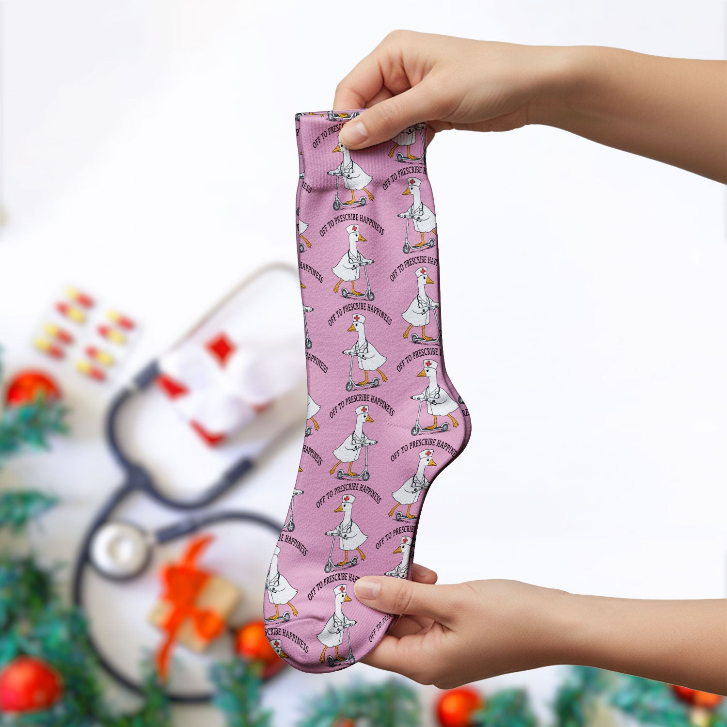 Nurse Goose Scooter Print Socks, Adult Socks for Men and Women
