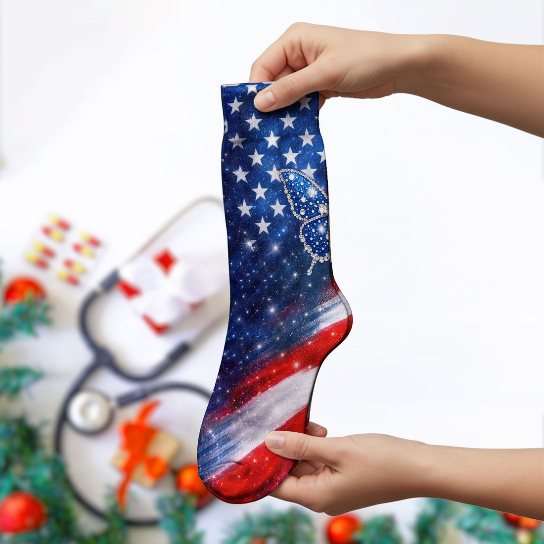 USA Flag Glitter Butterfly Rhinestone Pattern Socks, Breathable Fabrics Medical Uniform