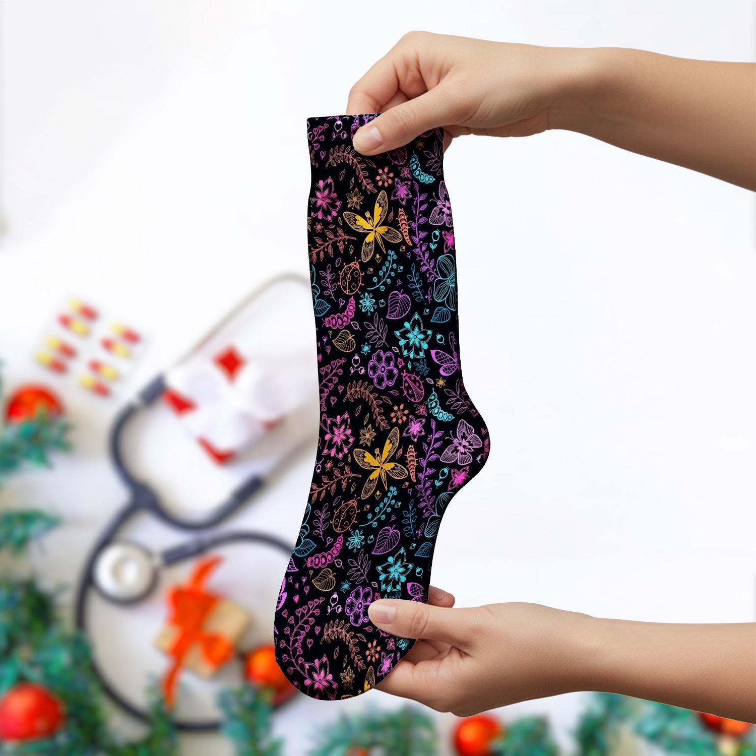 Neon Butterfly and Floral Garden Pattern Socks, Breathable Fabrics Medical Uniform