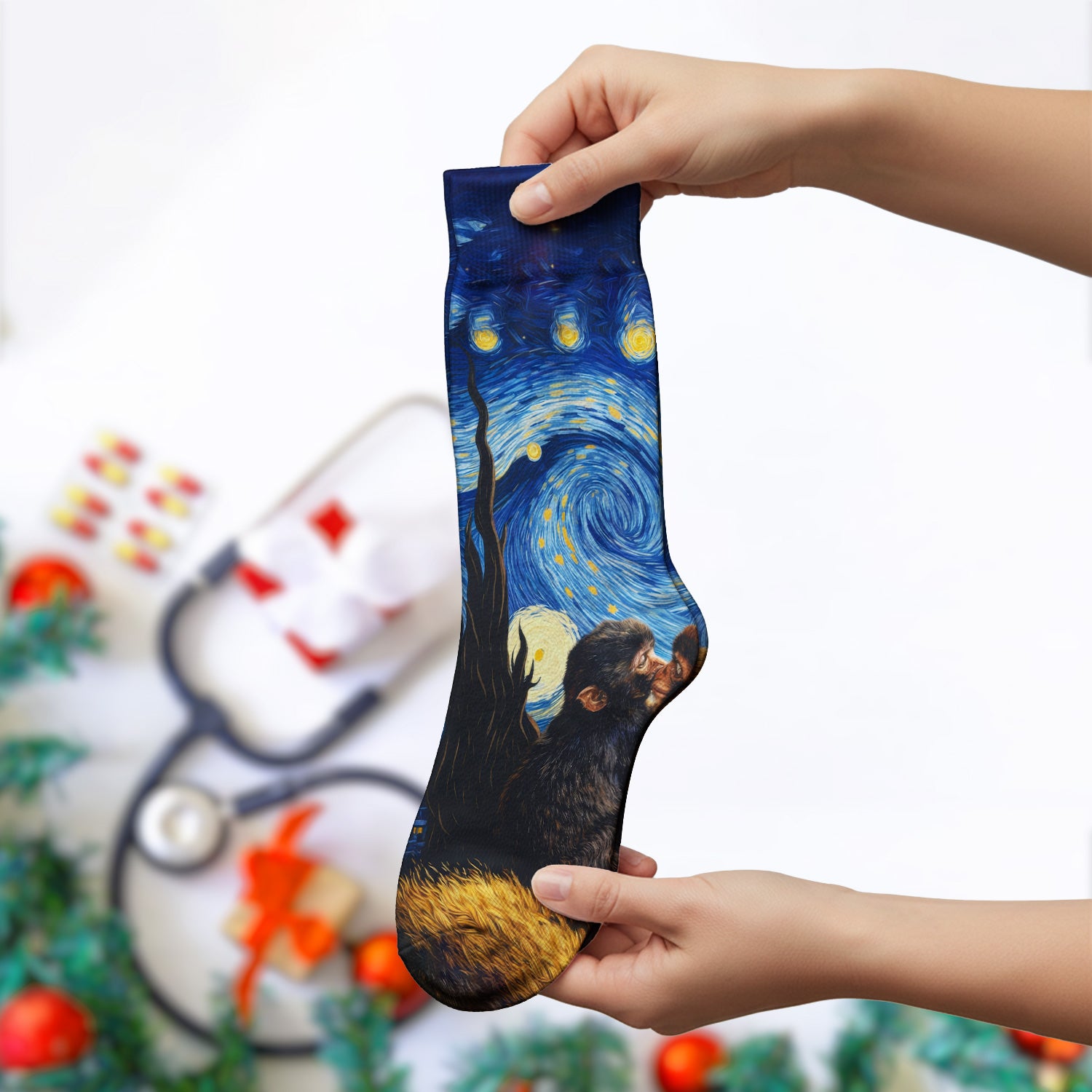 Romantic Monkey Couple Night Sky Pattern Socks, Socks for Nurse Doctor