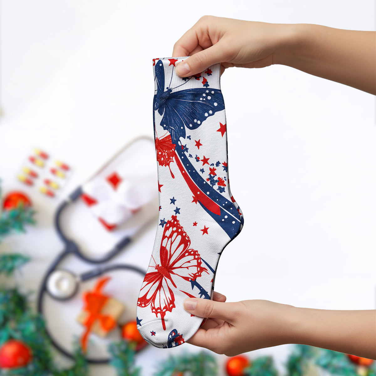 Patriotic Butterfly with Red White Blue Stars Socks, Adult Socks for Men and Women