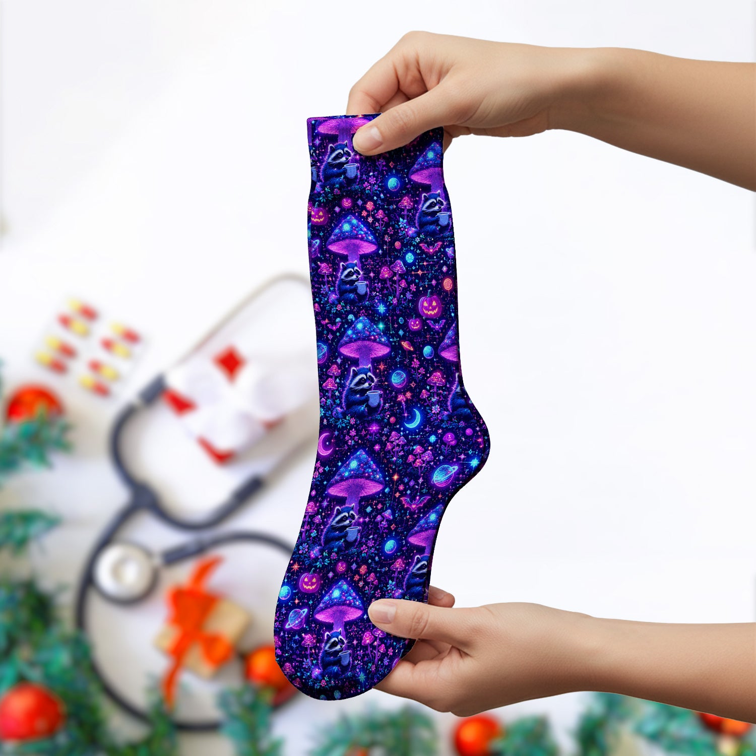 Halloween Raccoon And Mushrooms Socks, Adult Socks for Men and Women