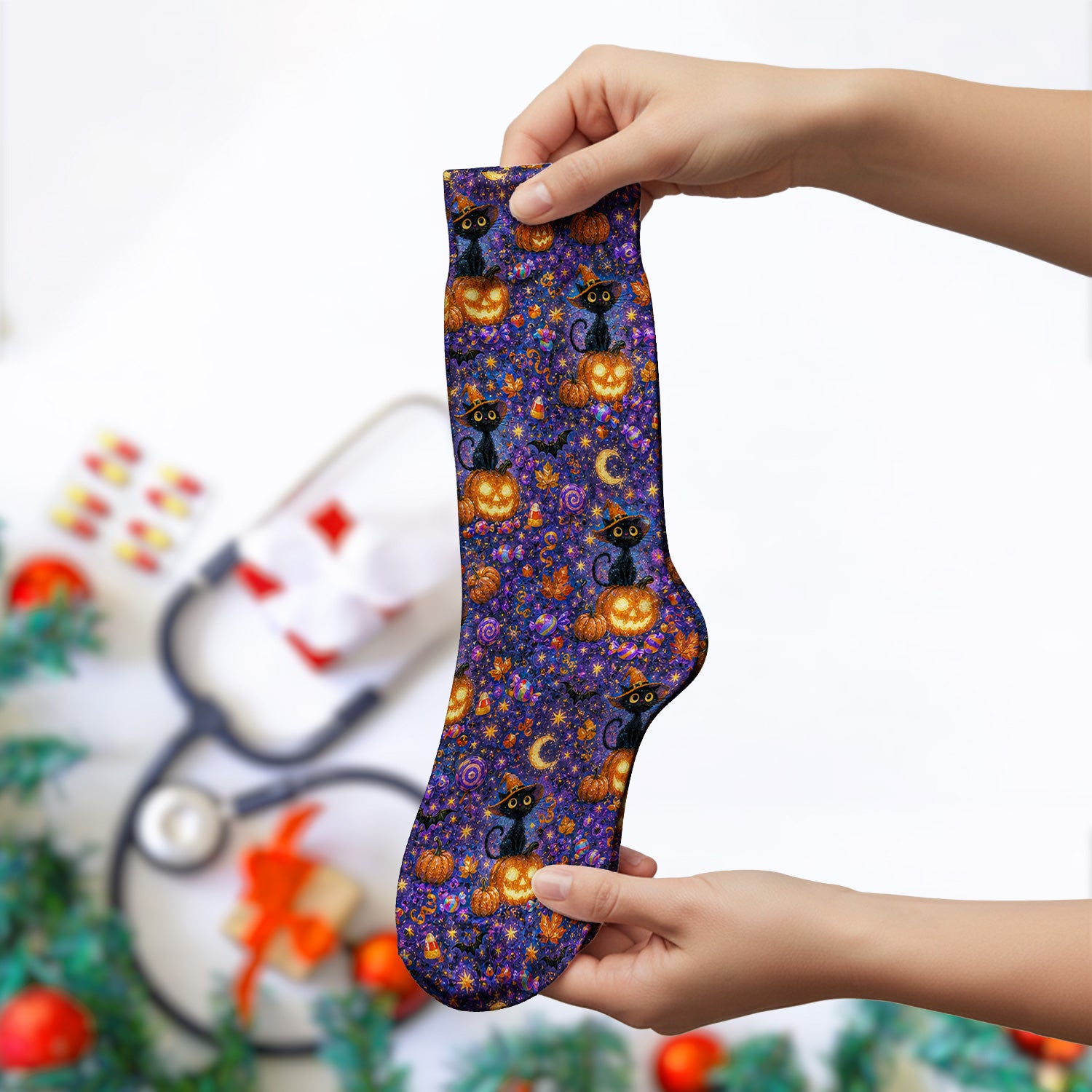 Mystical Halloween Witch Cat Socks, Adult Socks for Men and Women