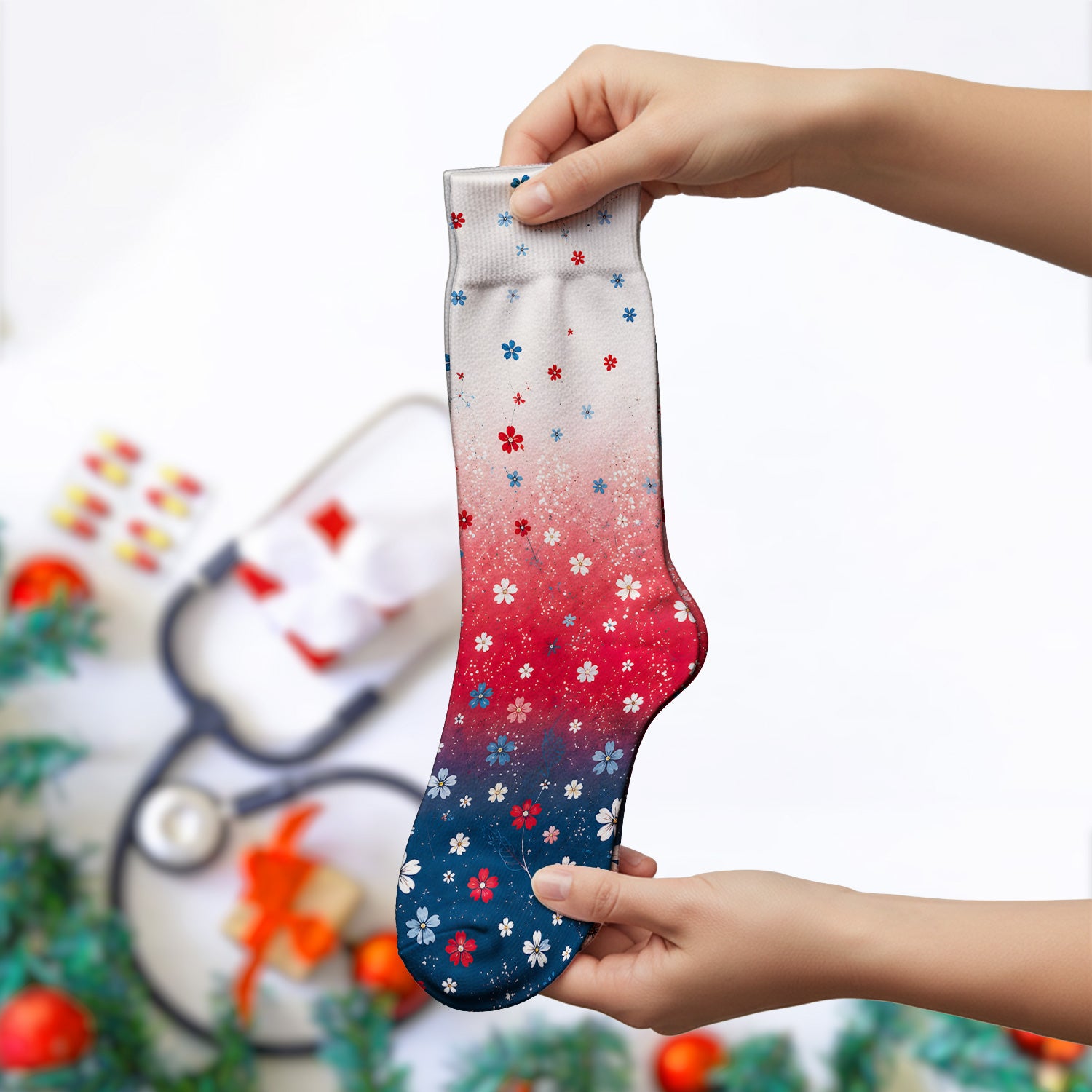Patriotic Red White Blue Floral Ombre Print Socks, Adult Socks for Men and Women