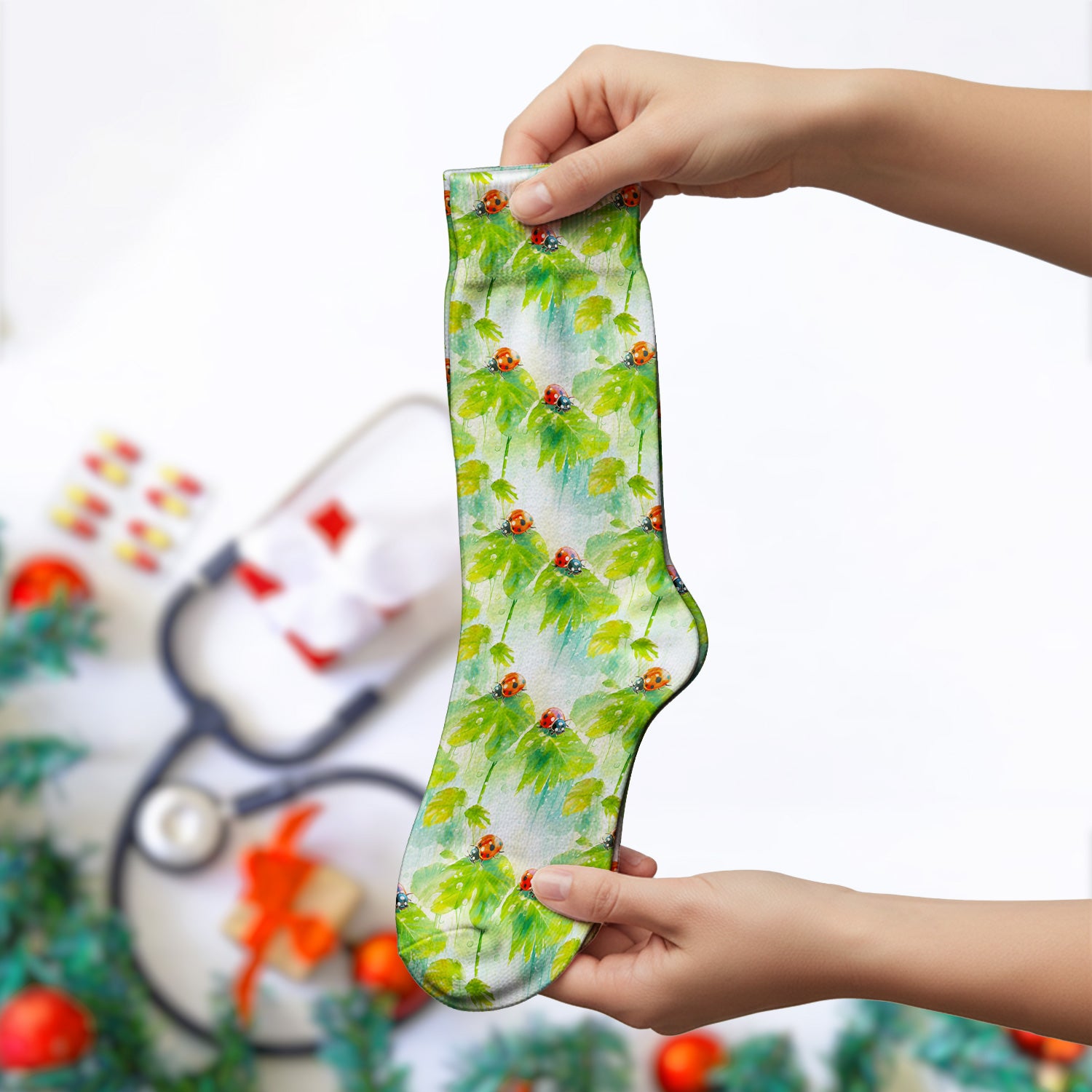 Ladybugs On Rainy Leaves Pattern Socks, Adult Socks for Men and Women