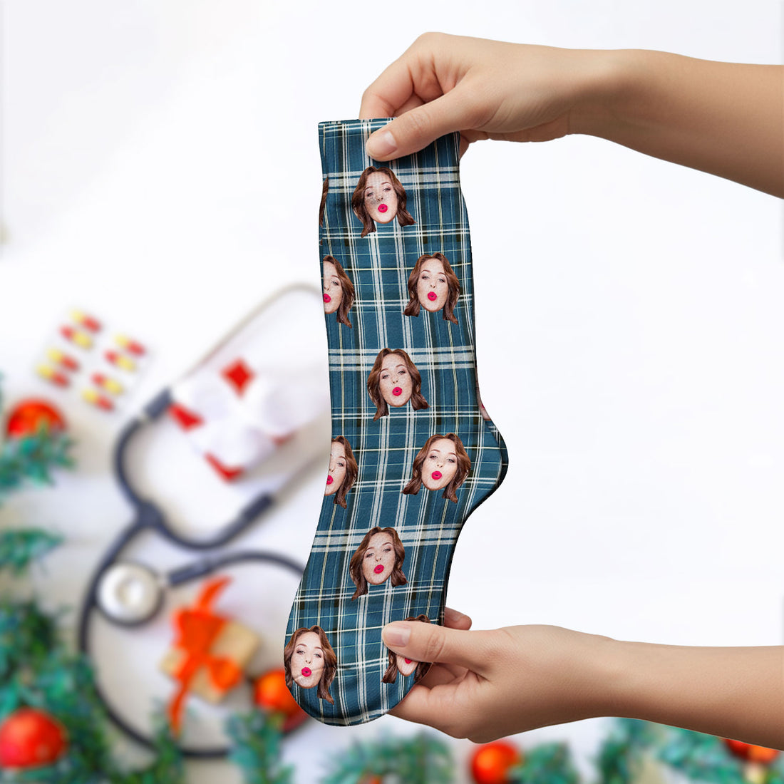 Personalized Funny Face Plaid Medical Socks, Custom Photo Pattern Socks For Nurse Doctor, Breathable Fabrics Medical Uniform