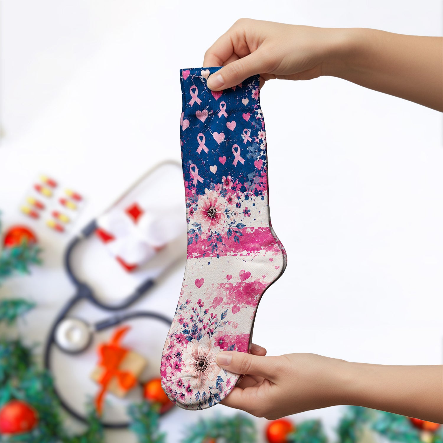 Breast Cancer Floral Flag Socks, Adult Socks for Men and Women