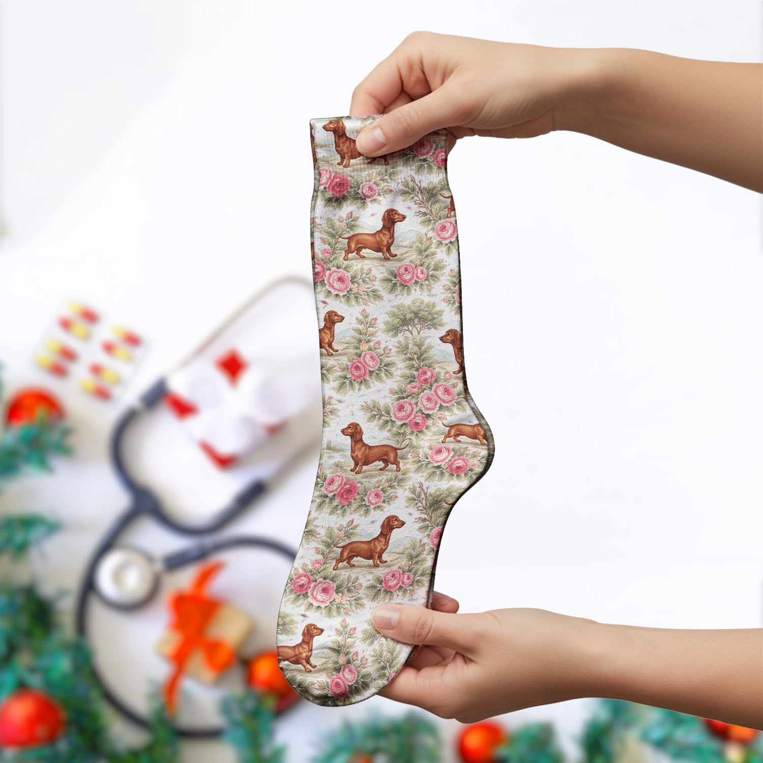 Vintage Dachshund Rose Floral Pattern Socks, Adult Socks for Men and Women